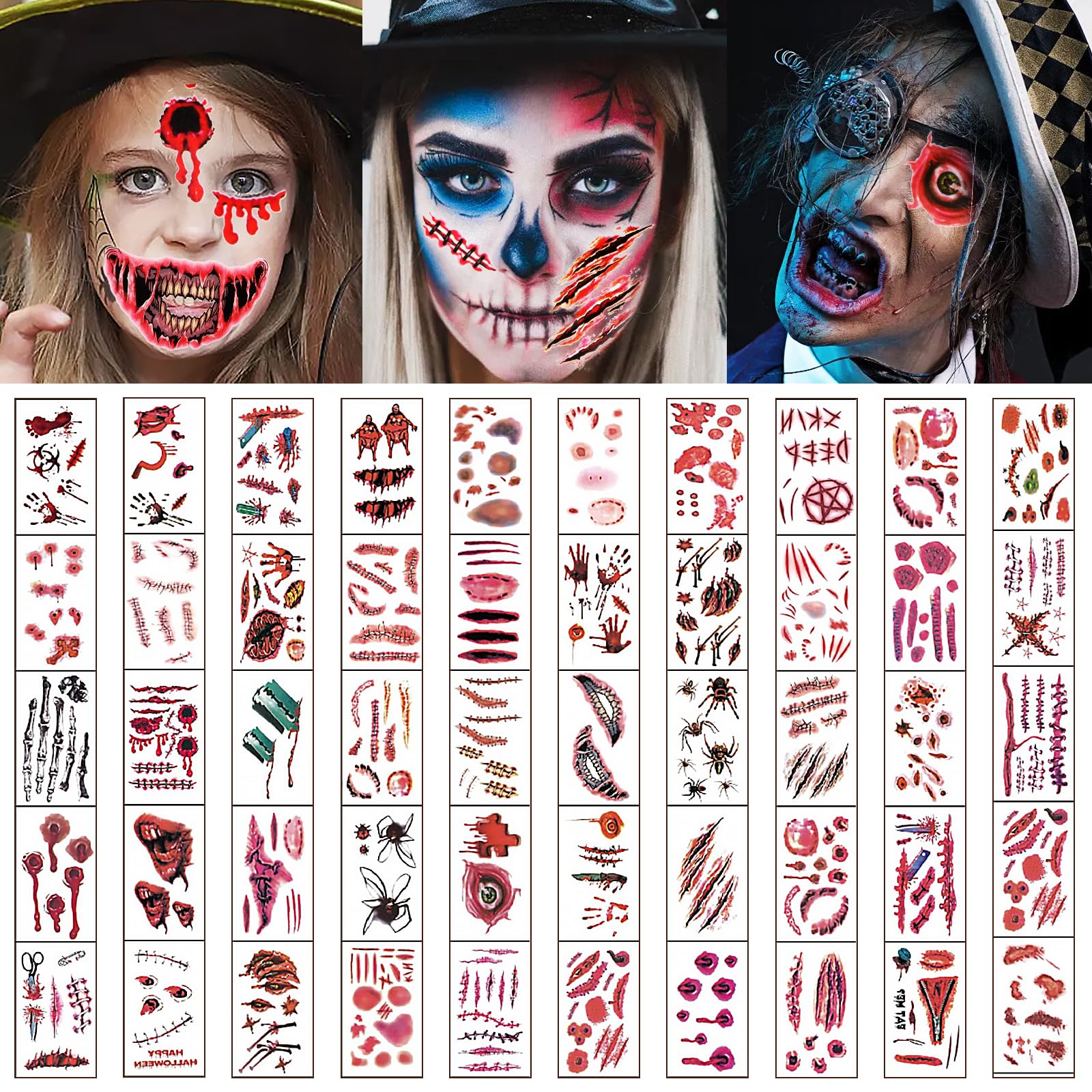 Fake Scars Temporary Face Tattoos - 50 Sheets Halloween Makeup Kit, Waterproof Face Transfers for Adults & Kids