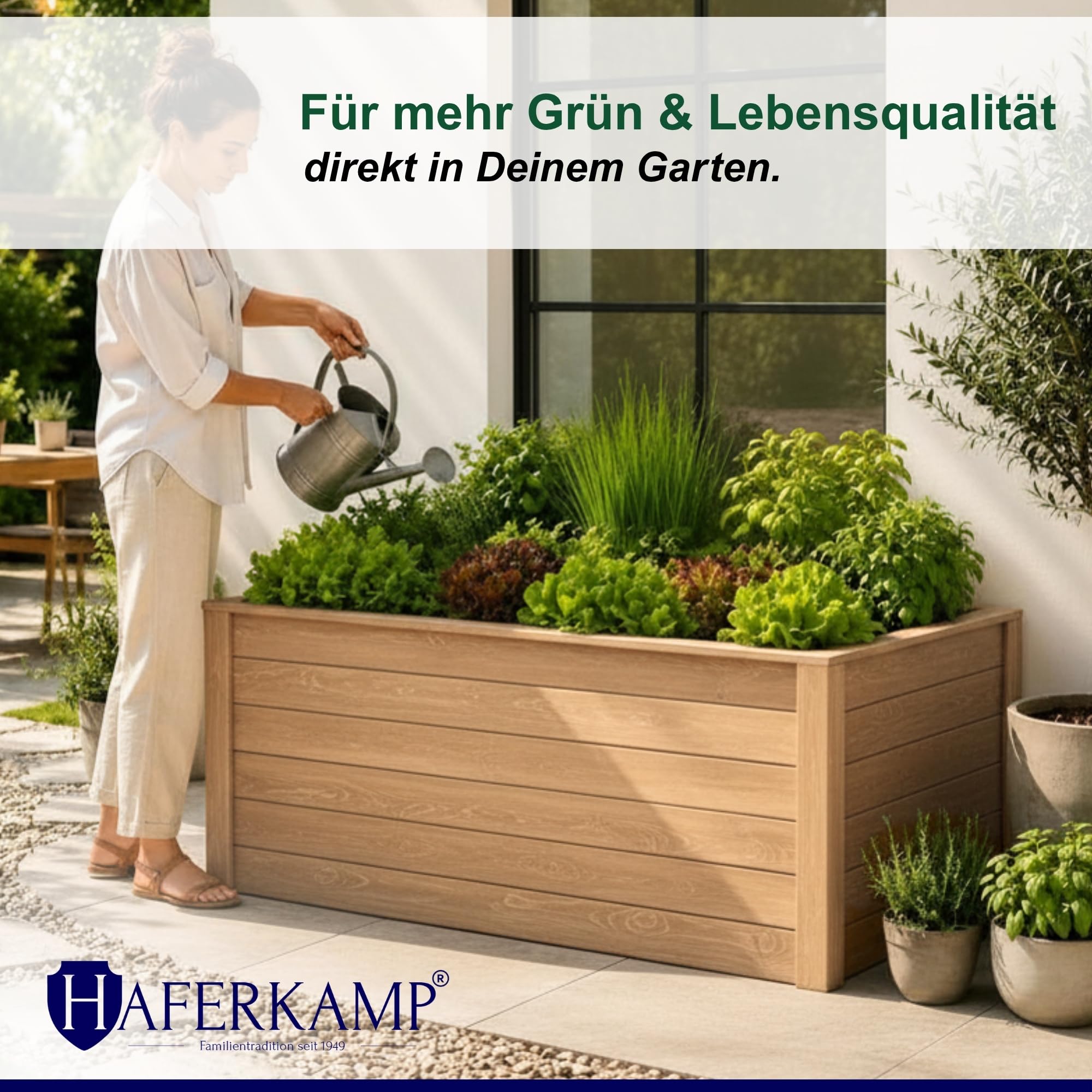 Hochbeet Harz Holz & Schutzfolie für Garten 130x65x84cm Natur | Gemüsebeet Außenbereich zum Bepflanzen von Gemüse & Kräutern stabil pflegeleicht langlebig rechteckig