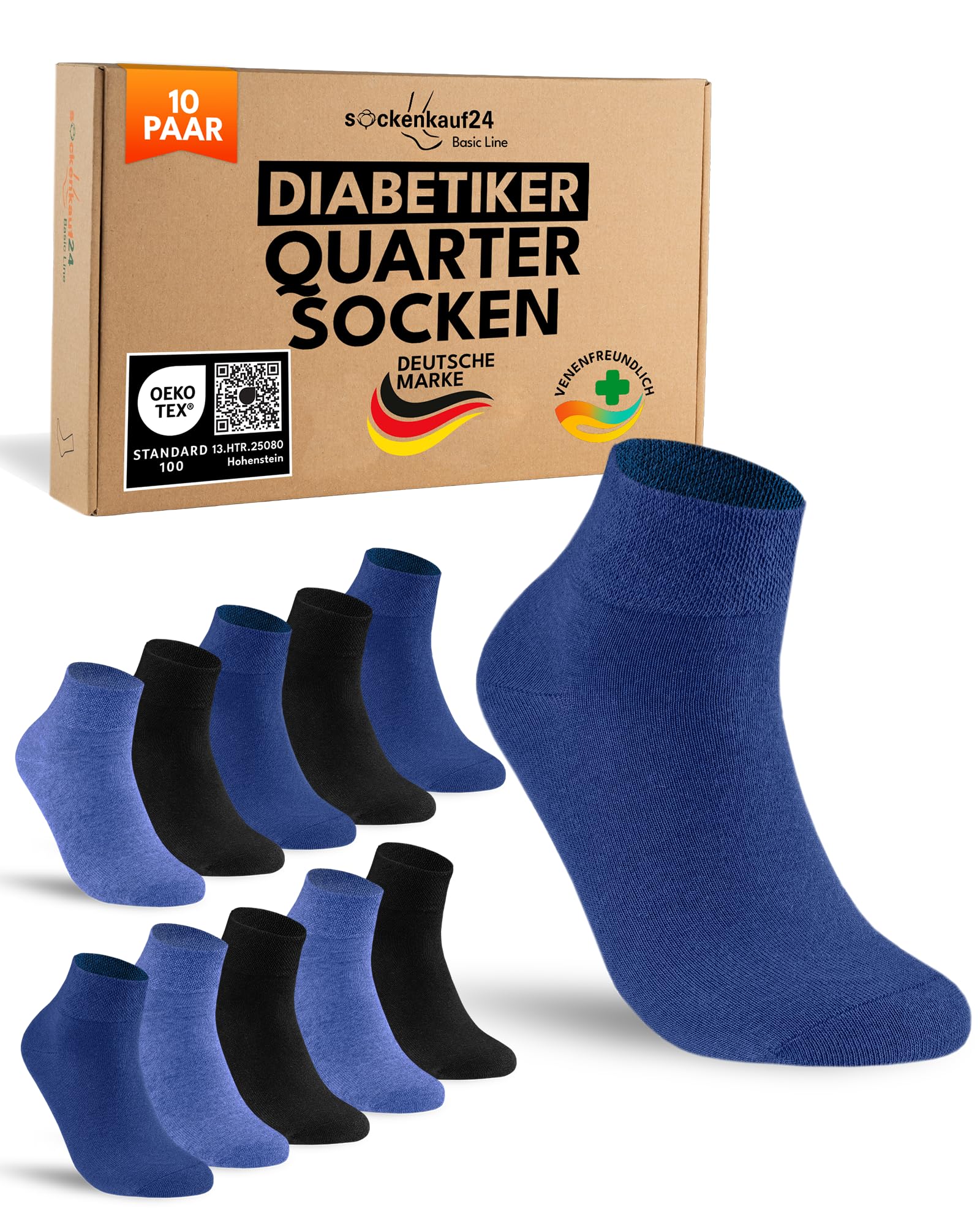 sockenkauf24 10 Paar kurze Diabetikersocken Herren ohne Gummibund & ohne Naht Quarter Diabetiker Socken Kurzschaft mit Komfortbund ohne Gummi (Schwarz/Blau 47-50)