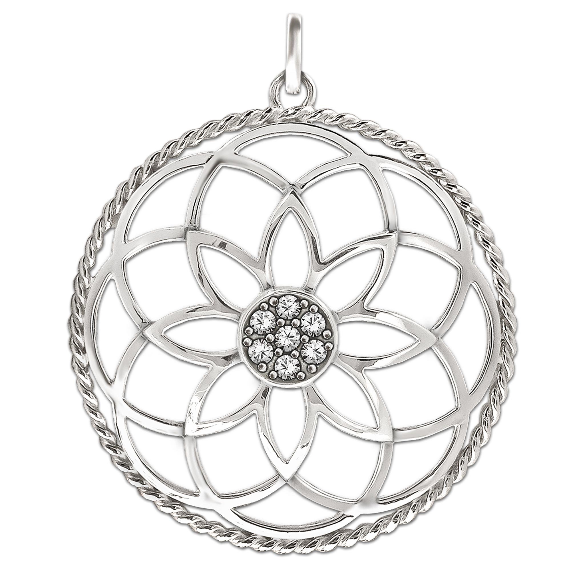 CLEVER SCHMUCK Damen Kette Blume des Lebens Silber mit viele Zirkonias gedrehtem Rand + Panzerkette 50 cm STERLING 925 im Luxus Etui