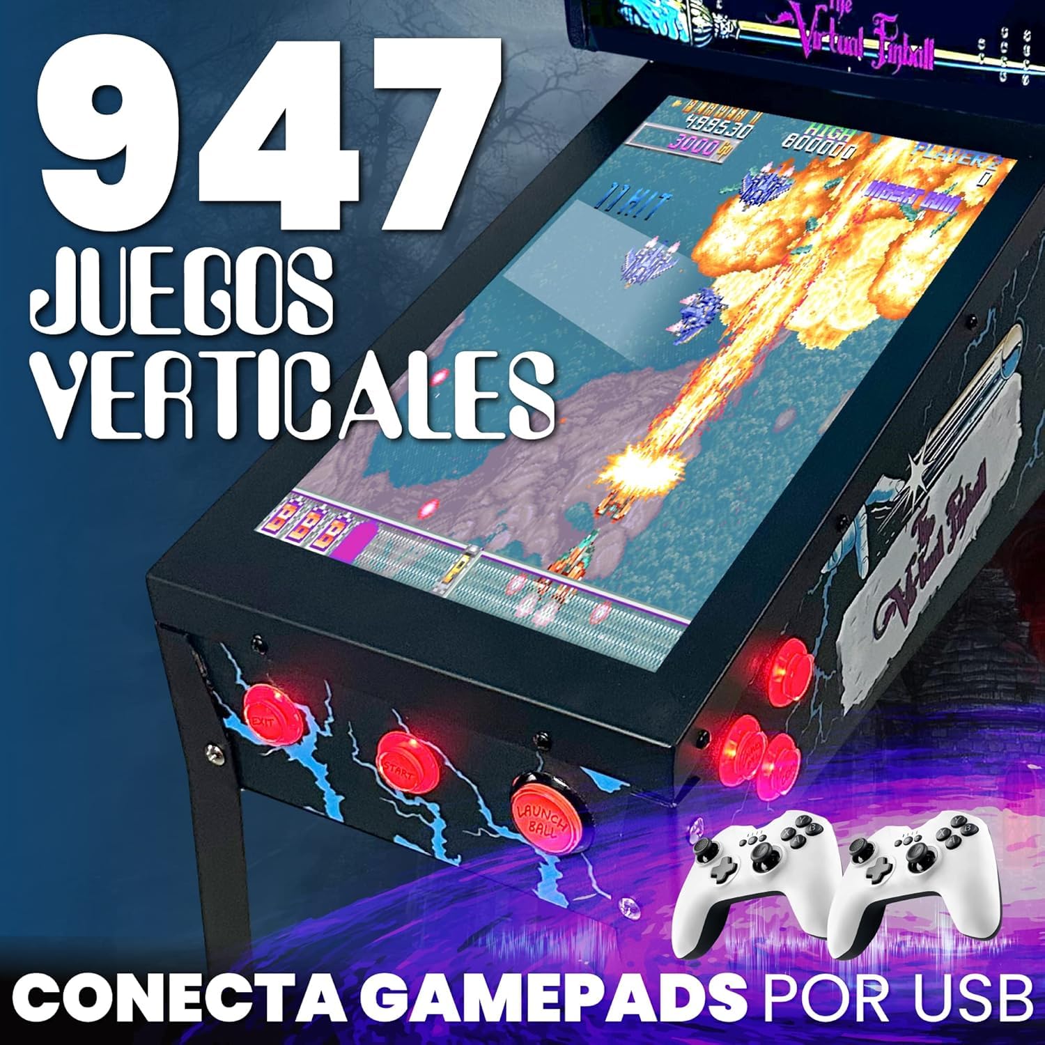 Pinball Virtual, Playfield 18.5", Backglass 15", PC AMD Ryzen 5 con 16GB RAM 256GB SSD, Más de 500 Tablas de Visual Pinball y más de 900 Juegos de mame Vertical, Sensor KL25Z (VERSIÓN Mejorada)