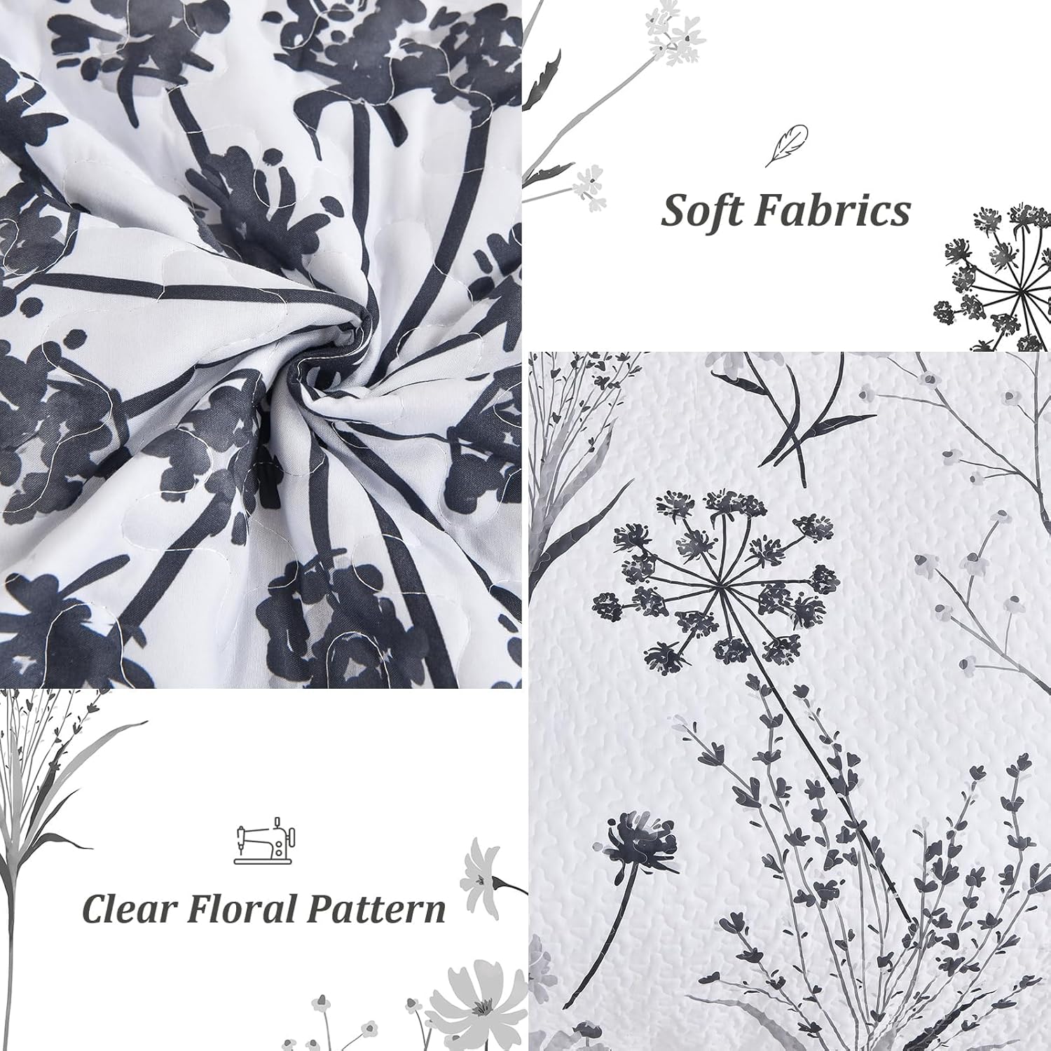 Dobuyly Floral Quilt Queen Size Set, Grey and White Botanical Queen Quilt Bedding Set 3 Pieces Soft Lightweight Microfiber Bedspread Coverlet Set for All Season, 96"x90" - Image 5