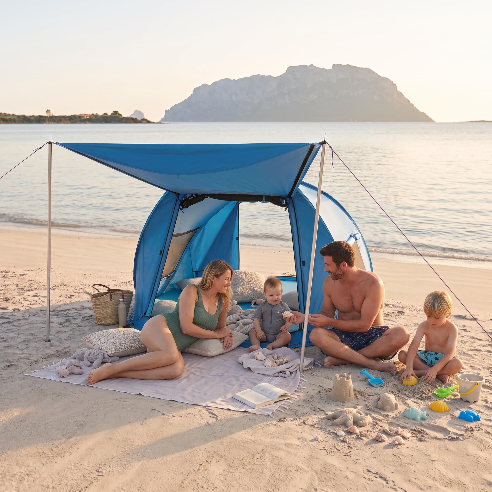 outdoorer Beach Air Max - UV 80 Pop up Strandmuschel Innovation 2026, kompakt, mit Vordach, einfacher Aufbau, für Koffer, mit Haken, groß, verschließbar, windstabil, Moskito Schutz.