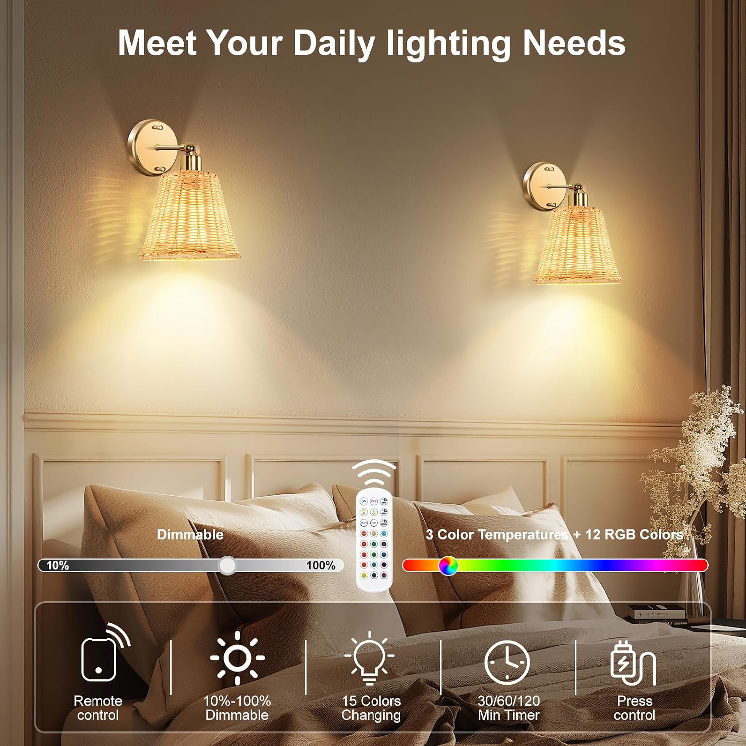 Frideko Wall Sconces in a bedroom setting, demonstrating remote control features