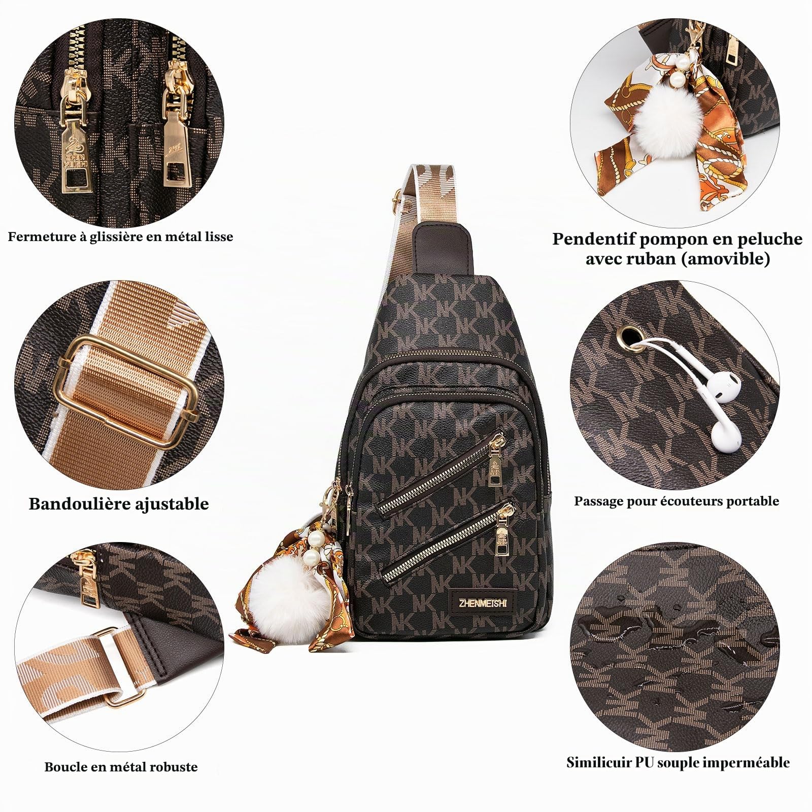 Long Keeper Sac de Poitrine Cuir Femme Homme, Petit Sacs à Dos Porté Travers Sling Bag Imperméable Sacoche Femme Bandoulière Épaule pour Voyage Vélo Randonnée