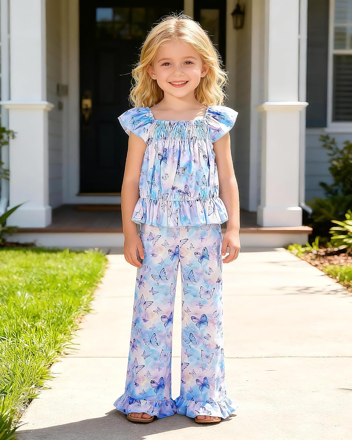 WESIDOM Toddler Girl Clothes 3T-8Y Girls Summer Outfits Short Flying Sleeve Top+Printed Ruffle Pants 2Pcs Clothing Sets - Image 4