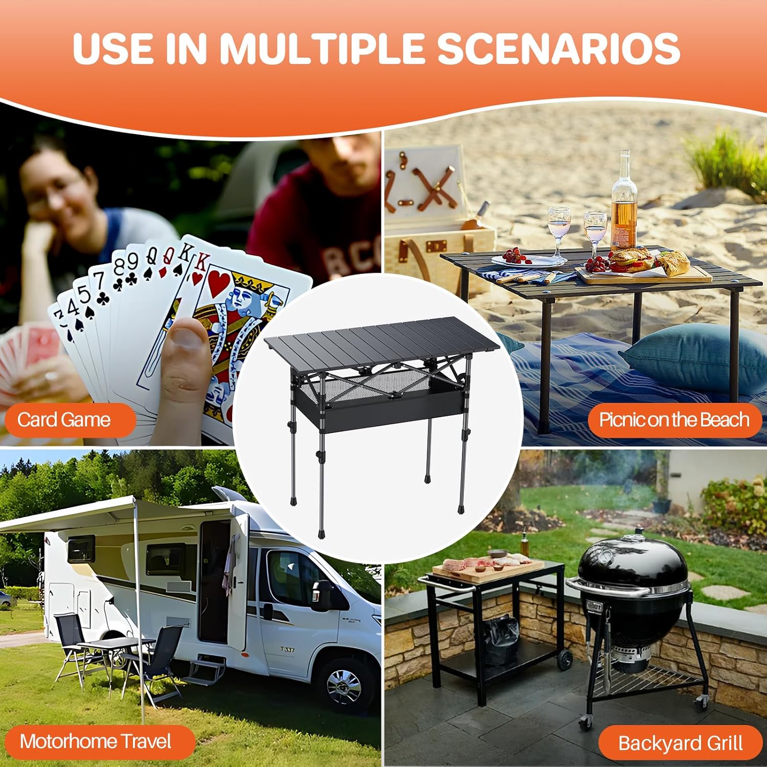 FUNYKICH Folding Camping Table(L32.3''xW15.7''), Aluminum Roll-up Portable Picnic Table with 2 Adjustable Height, Large Storage and Carrying Bag for Picnic, Camping, BBQ, Party, Backyard, Beach