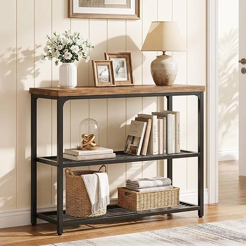 Miniatura 2 de Mesa consola pequeña de 32 pulgadas, mesa de entrada de 3 niveles, mesa de sofá con estantes de malla, mesas de consola para sala de estar, Marrón