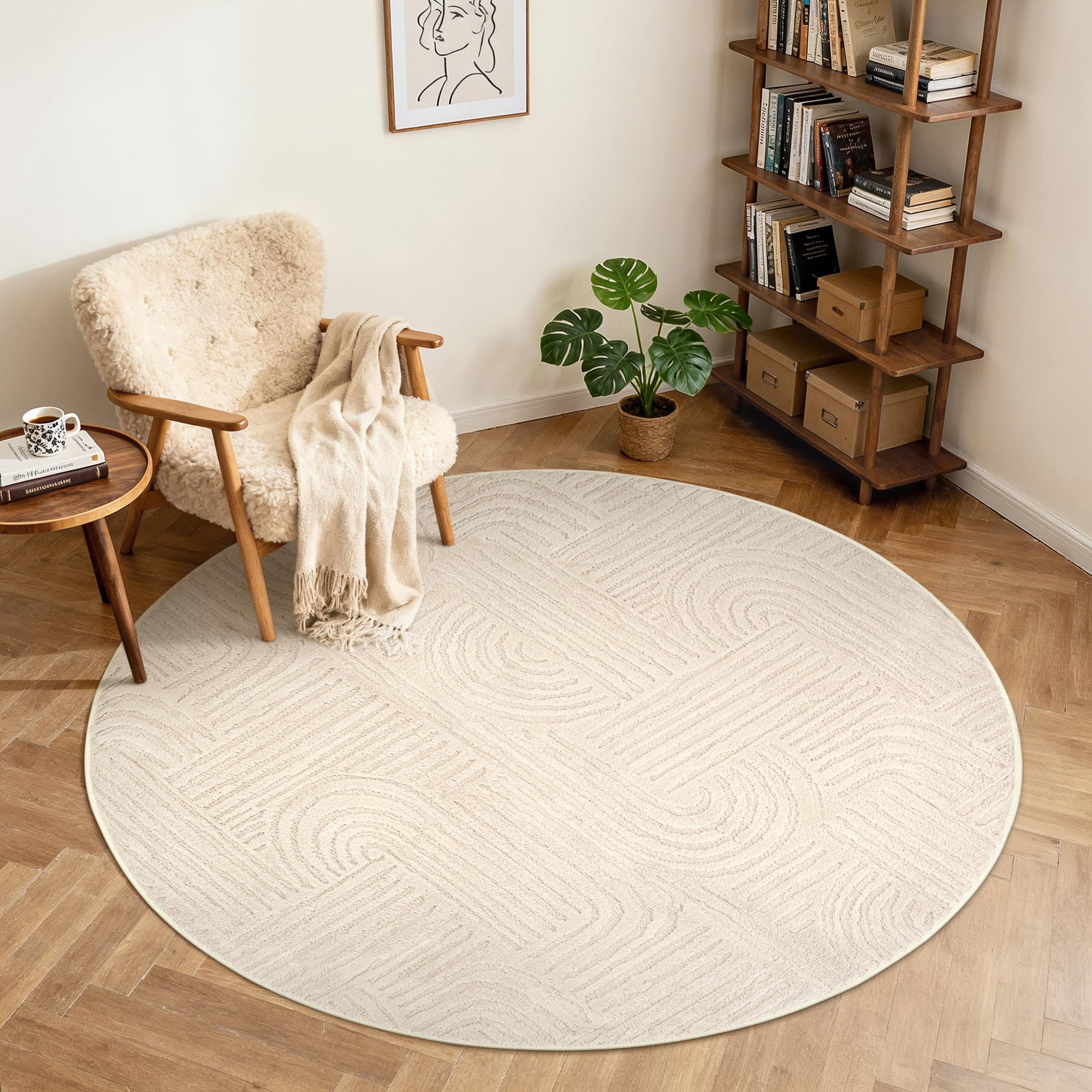 BEIMO Kurzflor Wohnzimmerteppich Rund 120CM, Flauschiger Langflor rutschfest Teppich mit 3D Optik, Waschbarer Moderner Teppich für Schlafzimmer, Küche&Flur Beige