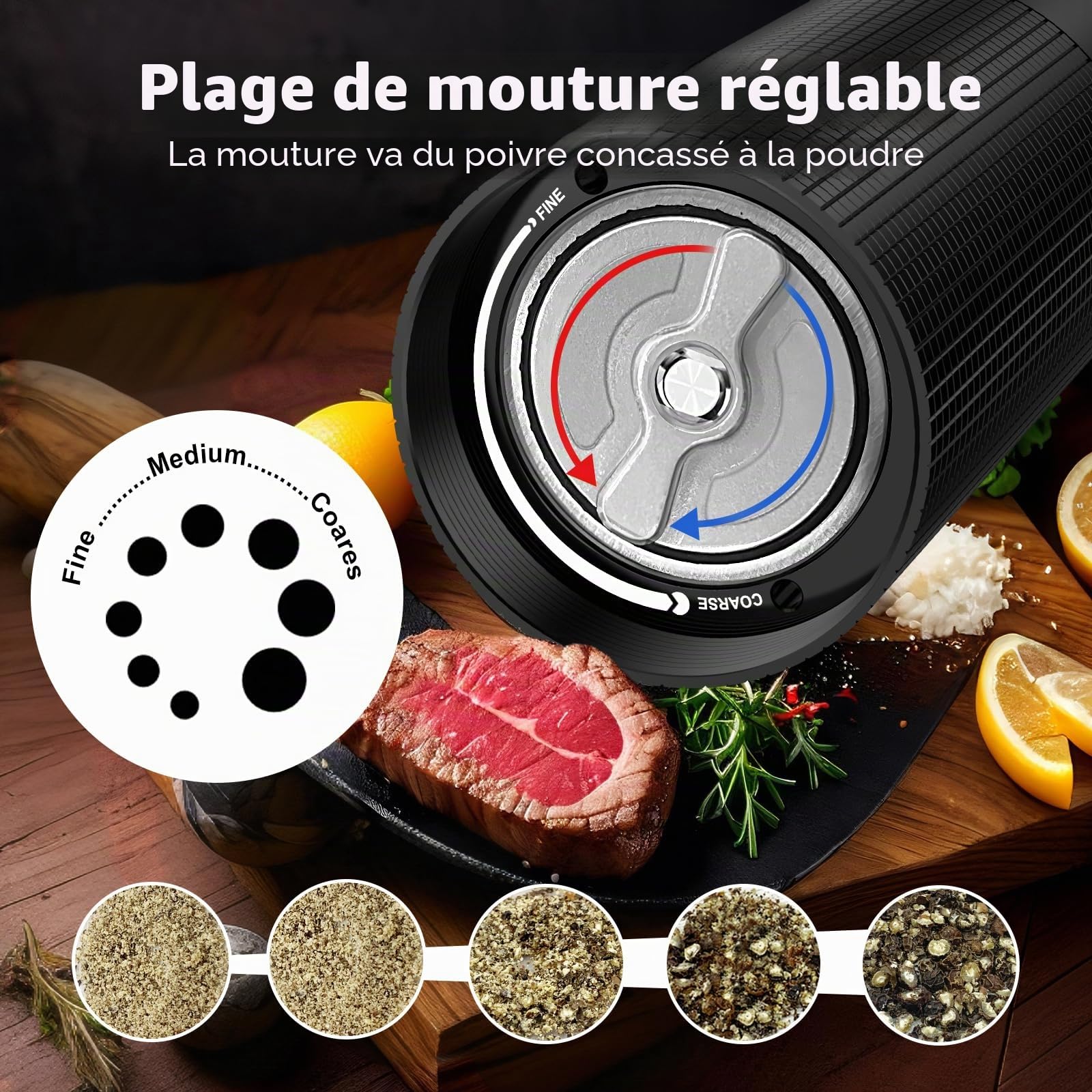 Moulin a Poivre Poivrier Manuel de Table: Poivrieres Professionnel à haut rendement - Moulin à épices rechargeable avec lame en acier inoxydable et grosseur réglable - Aluminium noir mat