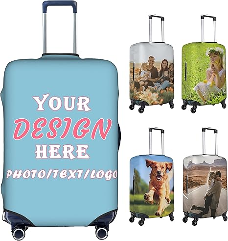 review HANJWANET Custom Luggage Cover Personalized Suitcase Cover with Your Own Photo Text Logo Washable Scratch Resistant Resilient Luggage Protector for Business Vacation Travel (18-21 Inch)