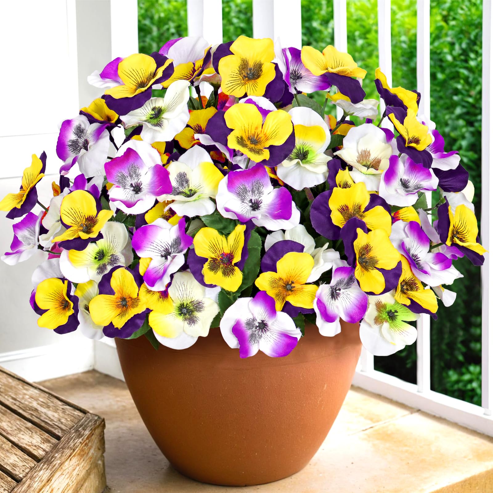 SOMYTING Artificial Pansies Flowers Outdoor Faux Flowers UV Resistant Plastic Plants Fake Plants for Front Porch Garden Window Box Hanging Planter Decoration (10, Yellow&White)