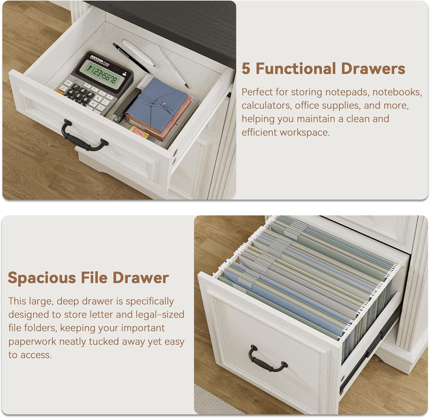Images showing the functional drawers with office supplies and the spacious file tiradera zintzilikaria files