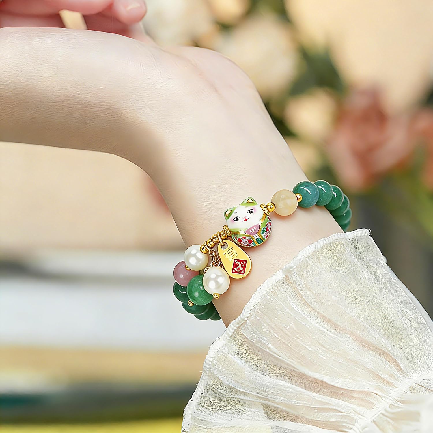 Lucky Cat Bracelet Blue Crystal and Cat Ceramic Ornament Feng Shui Wealth & Protection
