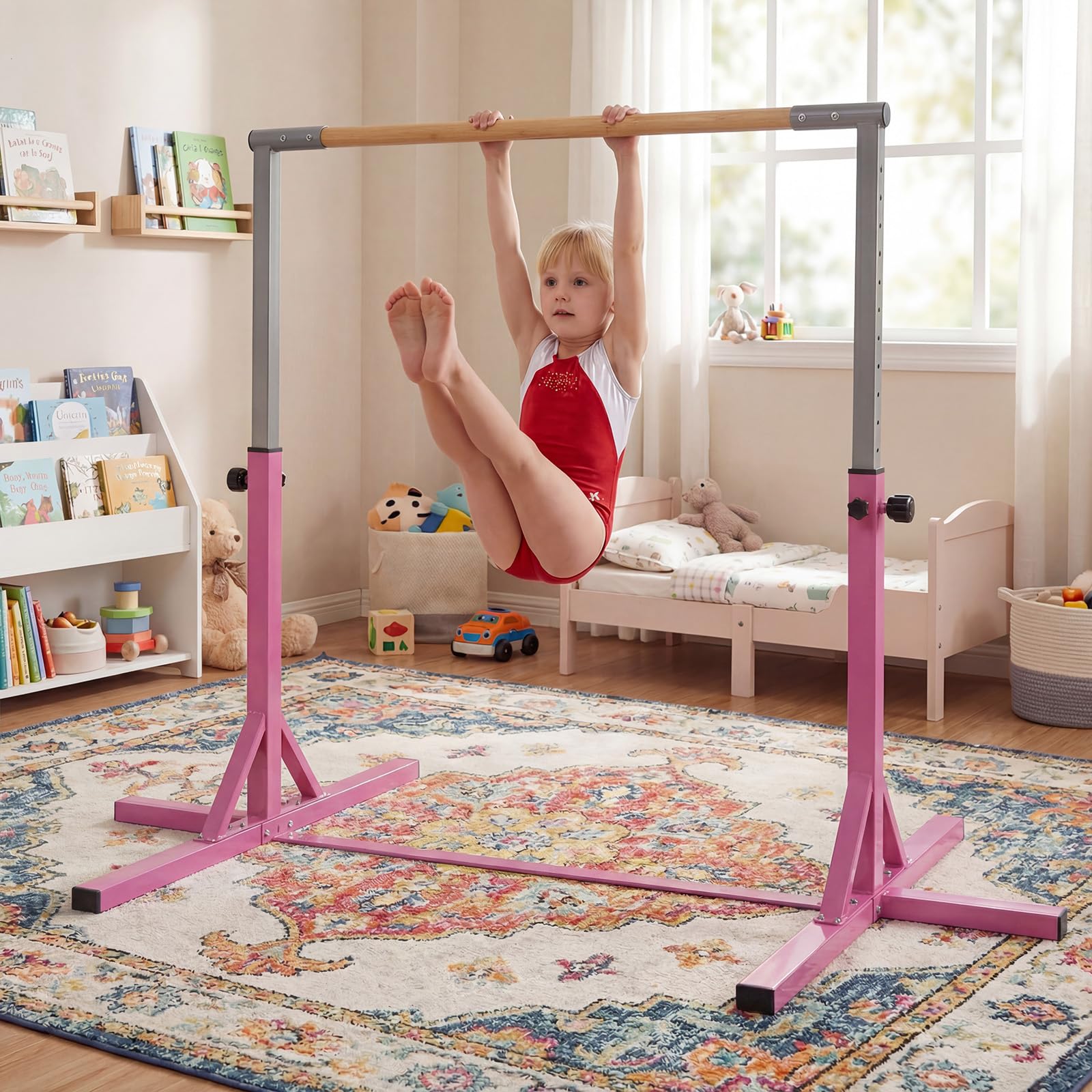 COSTWAY Sbarra per Ginnastica e Danza per Bambini, Barra in Metallo e Bambù Regolabile in Altezza 85-145 cm, Portatile con Cuscinetti Antiscivolo