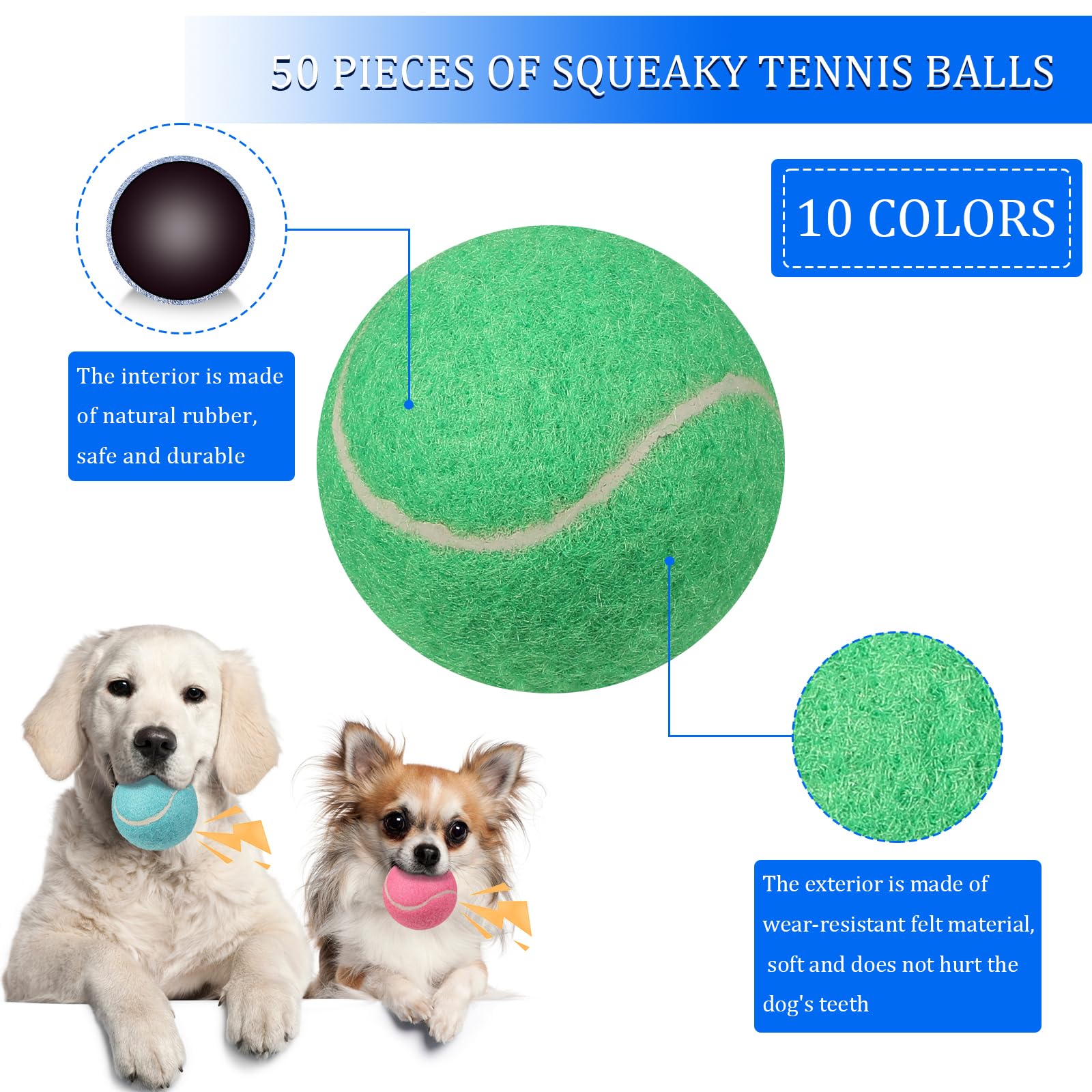 Liliful 50 pelotas de tenis chirriantes para perros de 2.5 pulgadas para jugar a mascotas, perros medianos y grandes, pelotas de cachorro para entrenamiento, juguete de pelota de perro con chirriador