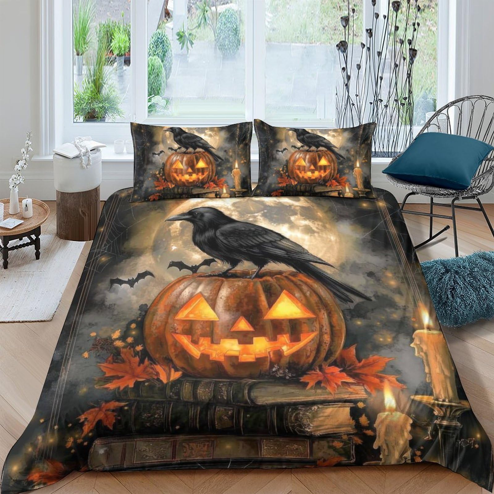 TUFRTGYHN 3D Printed Halloween Pumpkin Raven Duvet Cover Set Microfiber Soft Breathable Bedding with 2 Pillowcases for Bedroom Decor Single（135x200cm）