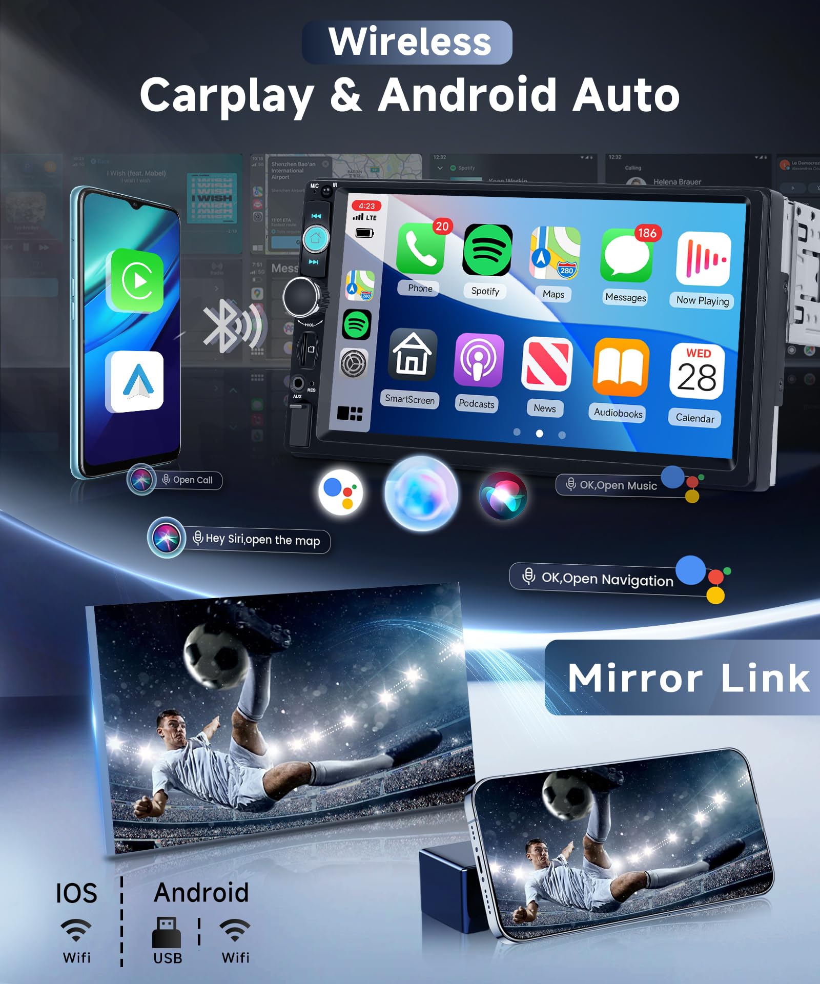 VECHTEL Autoradio 1 Din avec Carplay Android Auto sans Fil, 7 Pouces IPS HD Écran Tactile Poste Radio Voiture Soutien Bluetooth Radio FM EQ USB/TF/AUX Mirror Link SWC Caméra de Recul