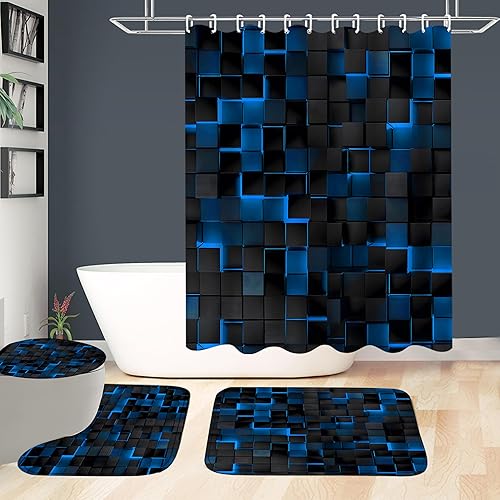 Miniatura 6 de Juego de 4 cortinas de ducha azules con cubos 3D, juego de cortina de ducha moderna para juegos de baño con alfombras, cortina de ducha negra y azul