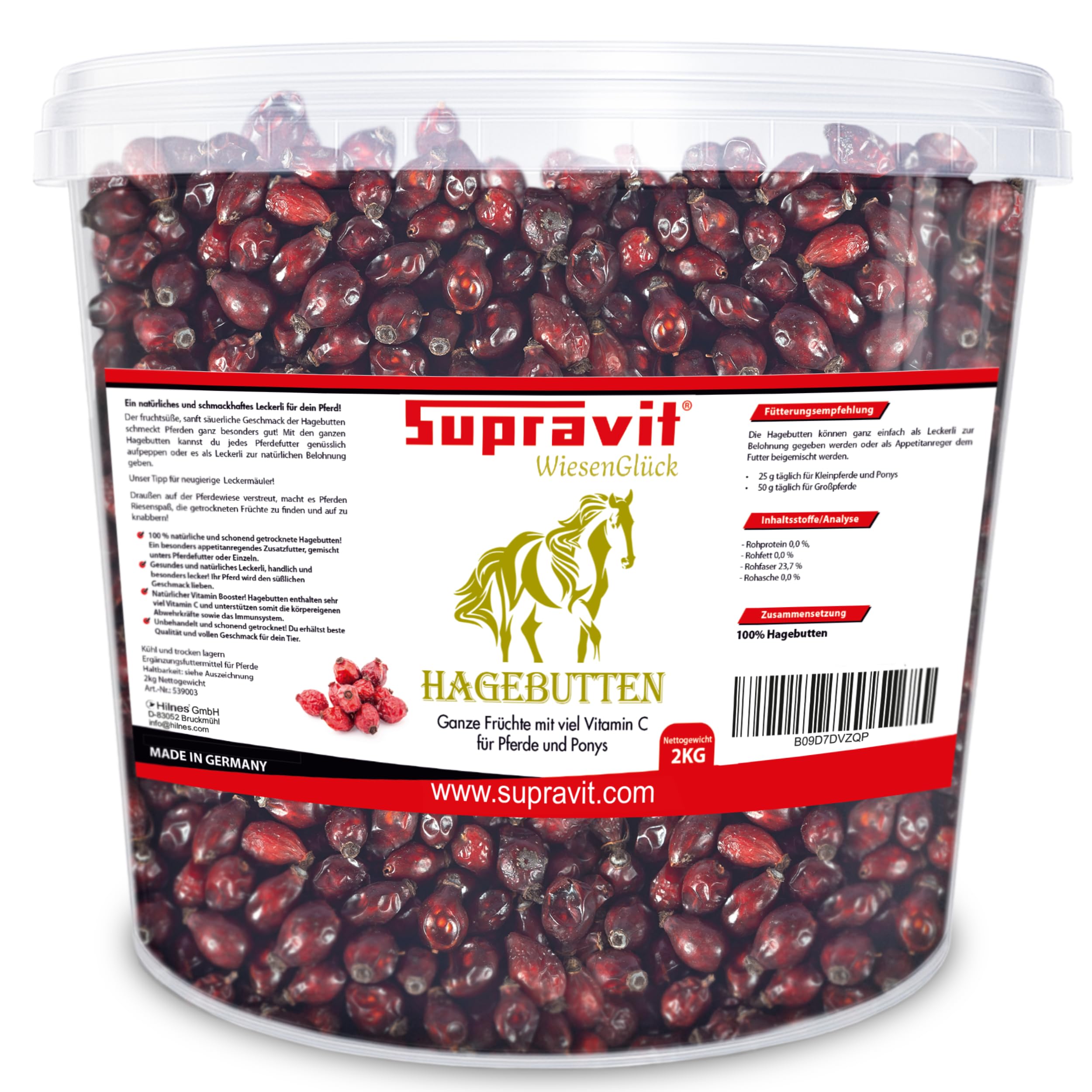 Supravit Hagebutten Pferd | Mit viel Vitamin C für Pferde und Ponys | 2kg Eimer I Ganze getrocknete Früchte - natürliche Pferdeleckerlis ohne Zucker | Erstklassige Qualität