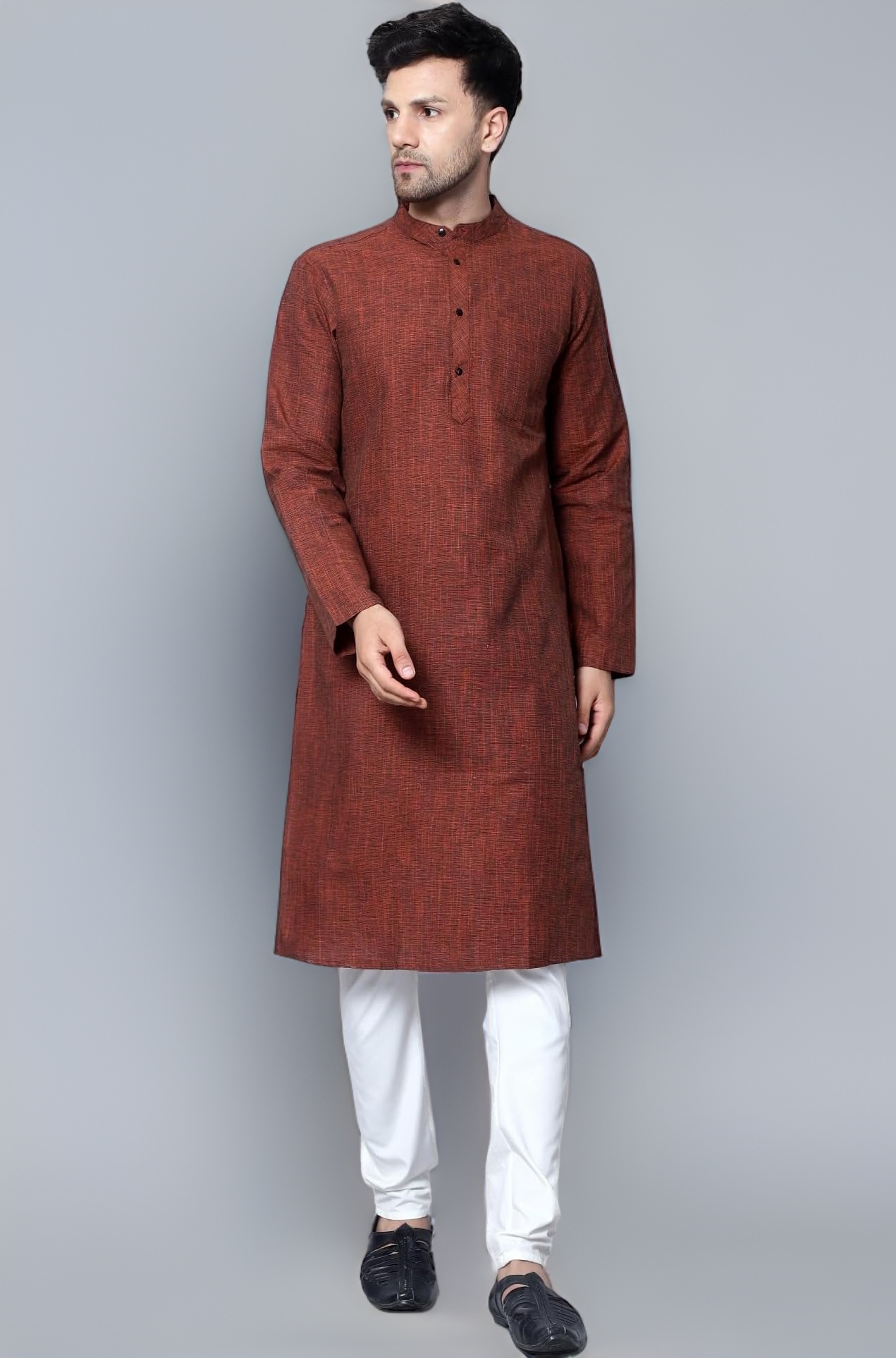 LATEST CHIKAN Men's Cotton Regular Textured Long Kurta Full Sleeves - Casual Ethnic Wear