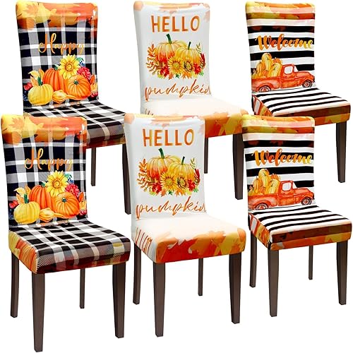 Preboun Juego de 6 fundas elásticas para sillas de otoño, diseño de calabaza, camión, hojas de arce, extraíbles y lavables, para comedor, hotel,