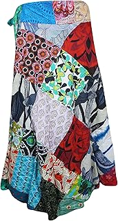Mogul Interior Womens Wrap Around Skirts, Cotton Skirts, Blue Pink Patchwork Boho Short Skirt, One Size