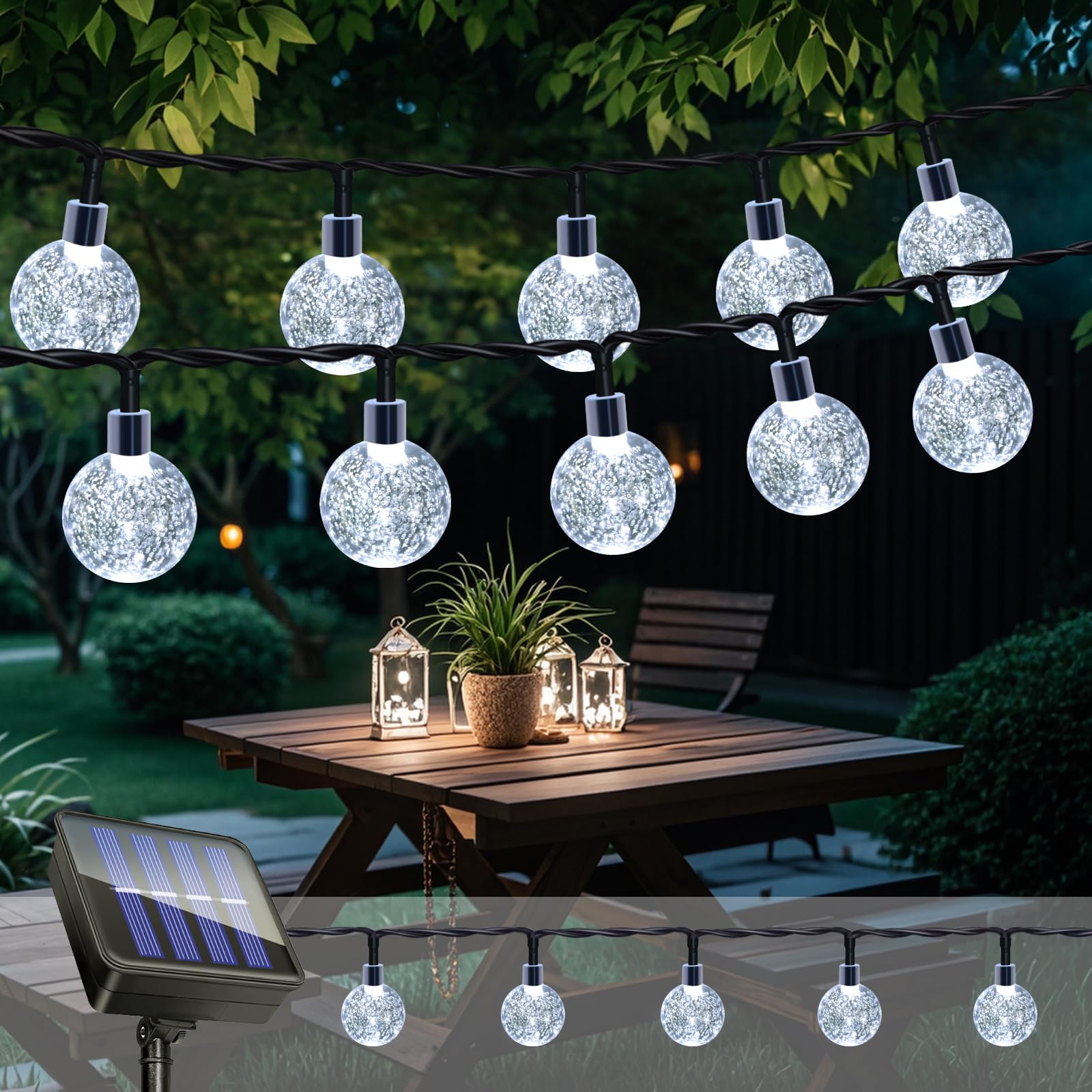 Guirnaldas Luces Exterior Solares, 11M 60LED Guirnalda Luces Solar, IP65 Impermeable, 8 Modos, Luces Solares, Interior y Exterior Cadena Bombilla para Jardín, Patio, Fiesta, Navidad (Blanco Frio)