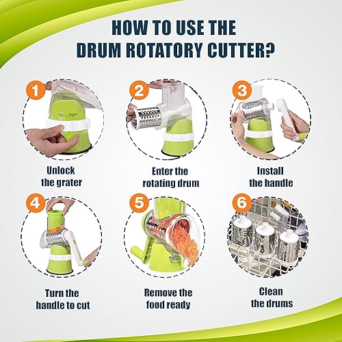 Miniatura 4 de Rallador de manivela de tambor rotativo, trituradora manual de queso y verduras con tambores de acero inoxidable, fácil de limpiar, verde y blanco