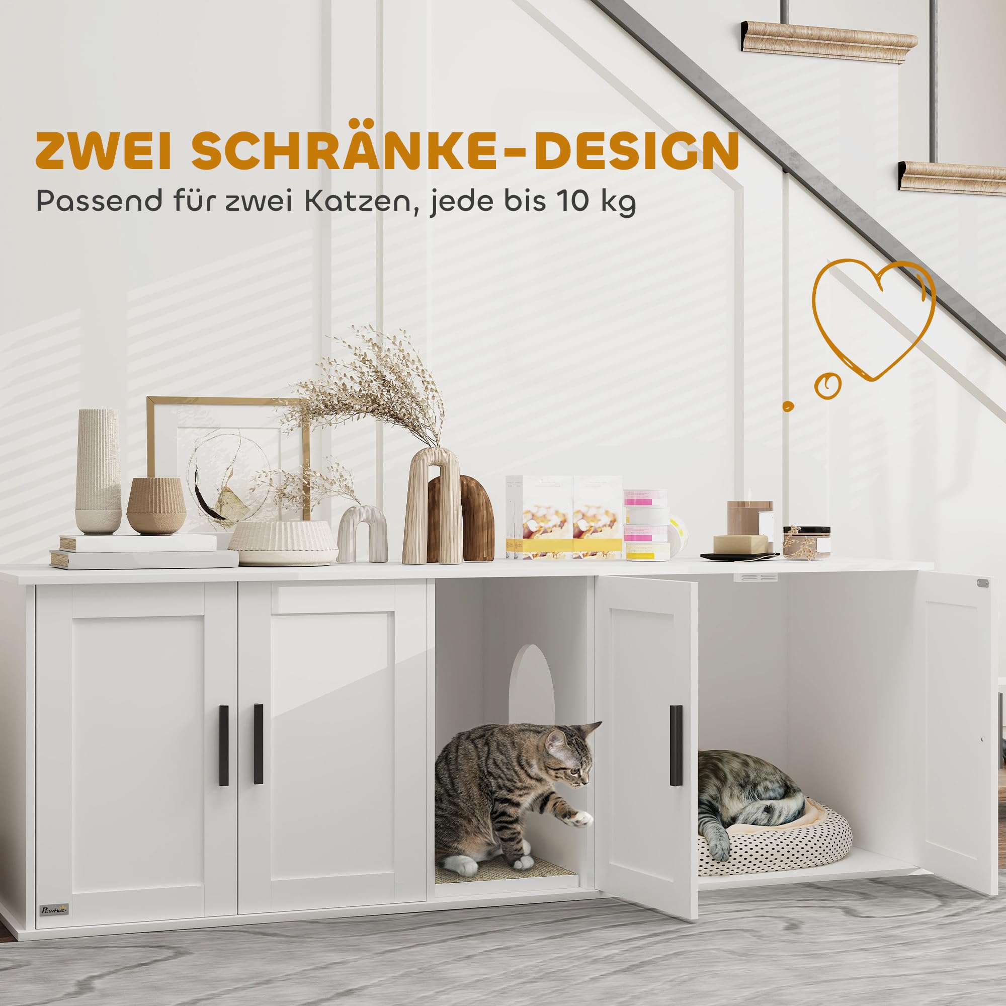 PawHut Katzenklo-Schrank 3 in 1 für Große Katzen 145 x 49 x 51 cm Weiß | Katzenschrank, Versteckter Katzentoilette, Mit Tür Trennwand Kratzmatte, Katzenhaus, Unter 10 kg