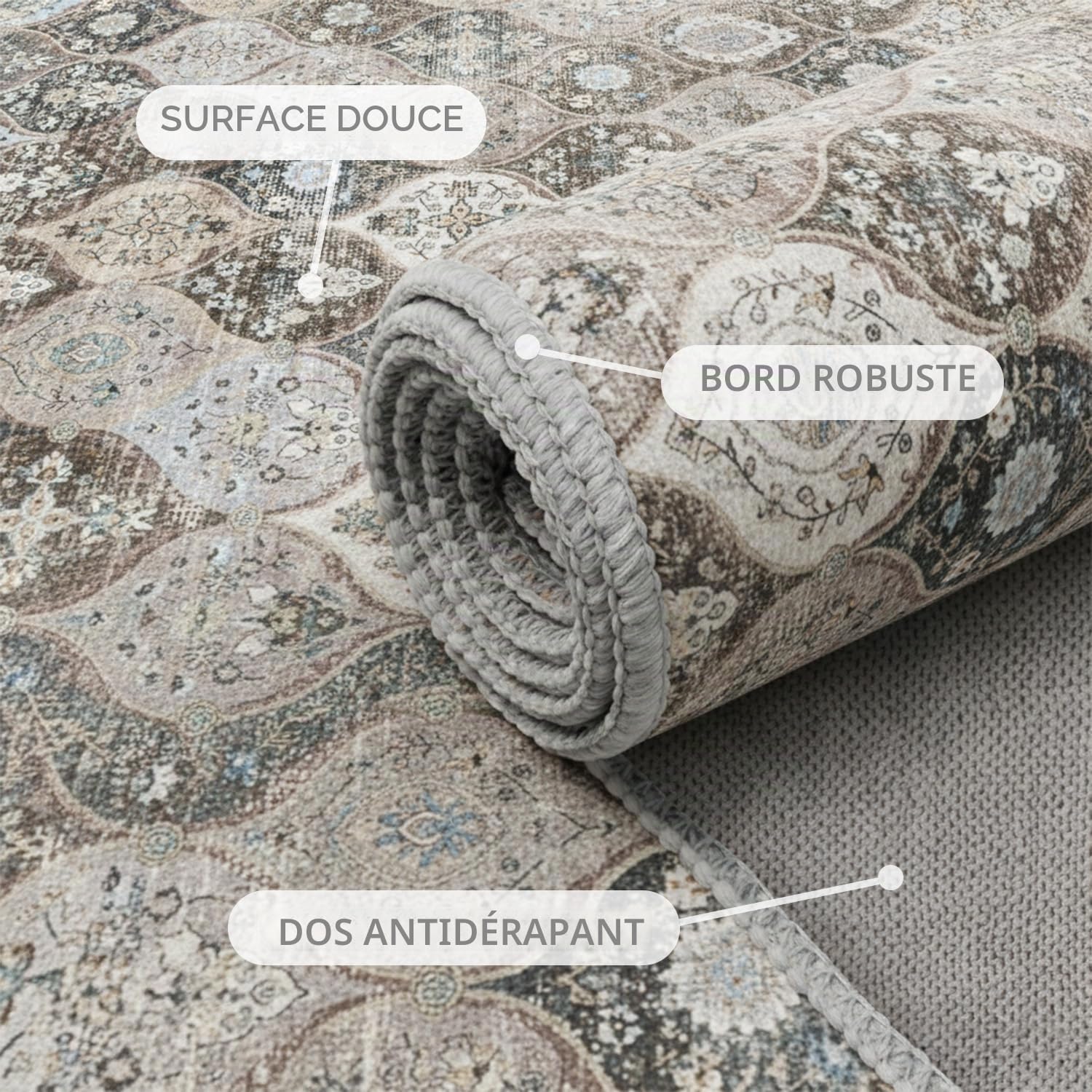 Enkor Tapis boho, lavable, doux, antidérapant, style persan rétro, pour salon, chambre à coucher, cuisine, couloir, gris, 200 x 300 cm