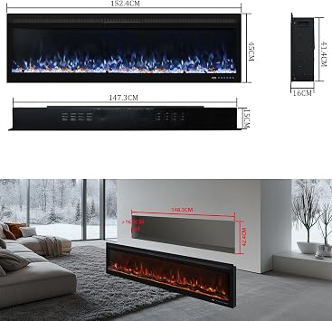 153cm Electric Fireplace Wall Mounted/Recessed Fire Places with surround 60inch Realistic Heating, 13 * 13 Flame Effect with Log& Crystals, Remote control Temperature& Timer, Black