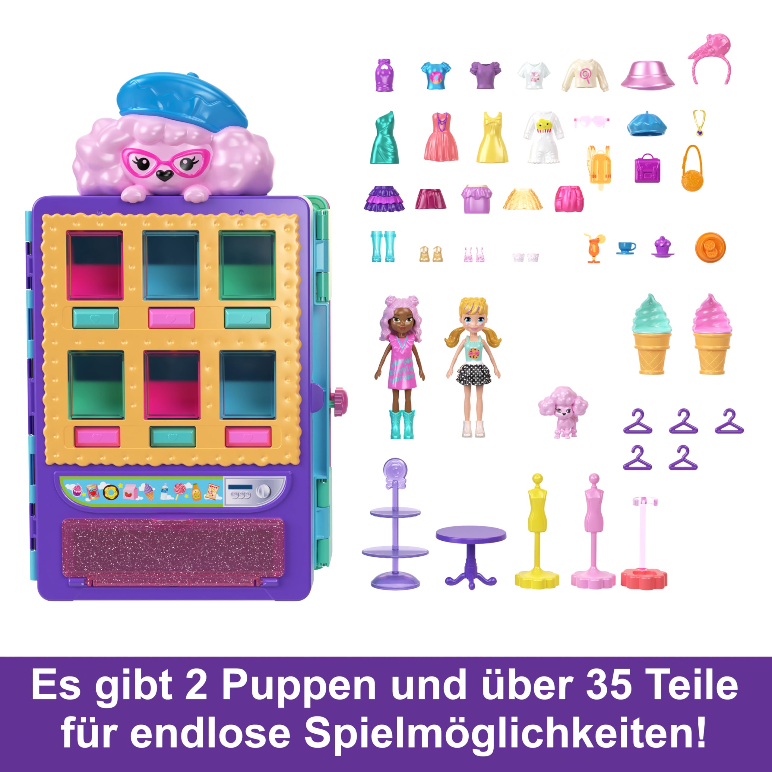 Polly Pocket Kleidergeschäft Spielset - Funktionierender Verkaufsautomat, 2-stöckiges Spielset, 2 Puppen, 1 niedlicher Pudel und über 35 Zubehörteile zum Stylen und Geschichtenerzählen, HKW12