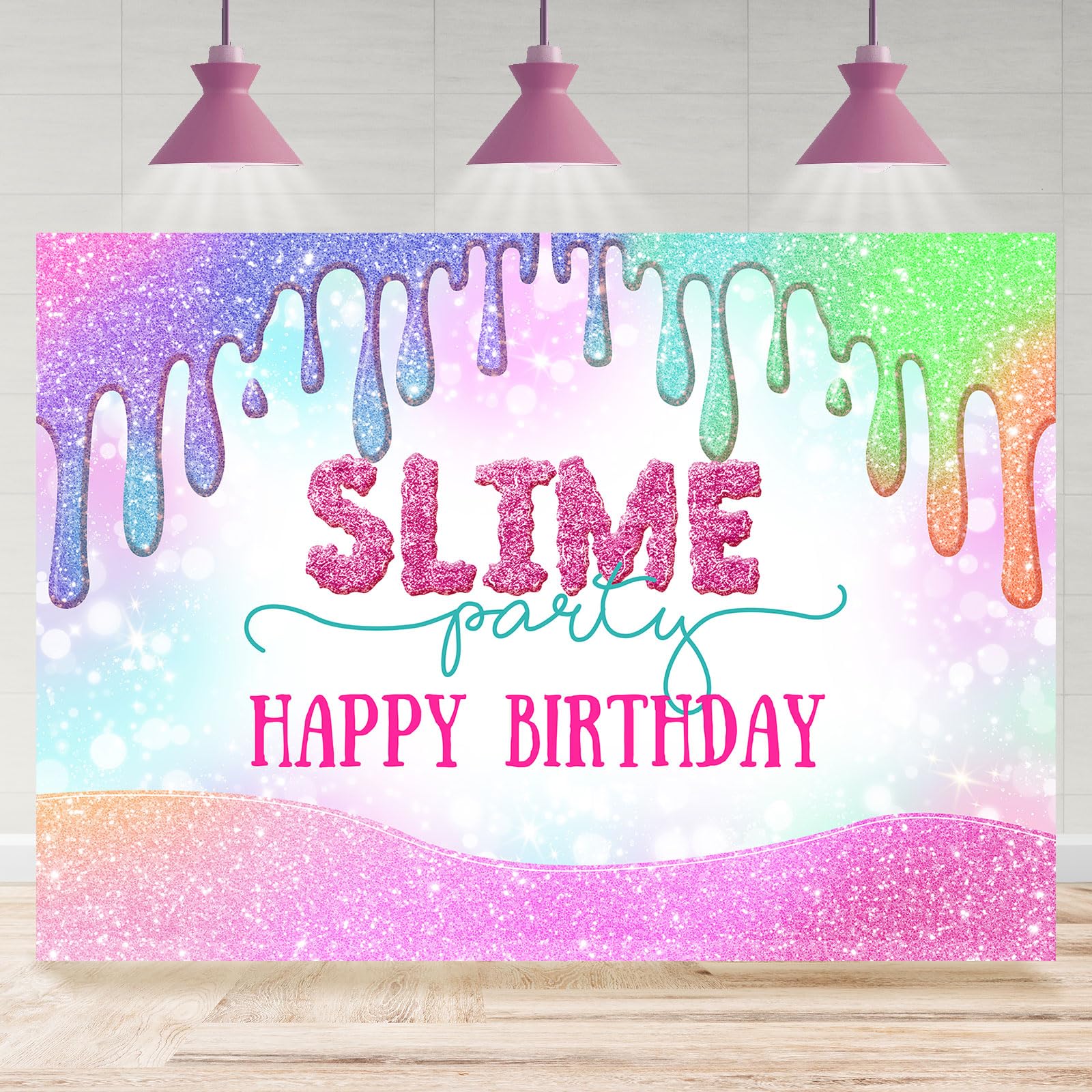 Rsuuinu Slime Party Happy Birthday Backdrop Colorful Glitter Graffiti Birthday Photography Background for Kids Girls Birthday Party Decoration