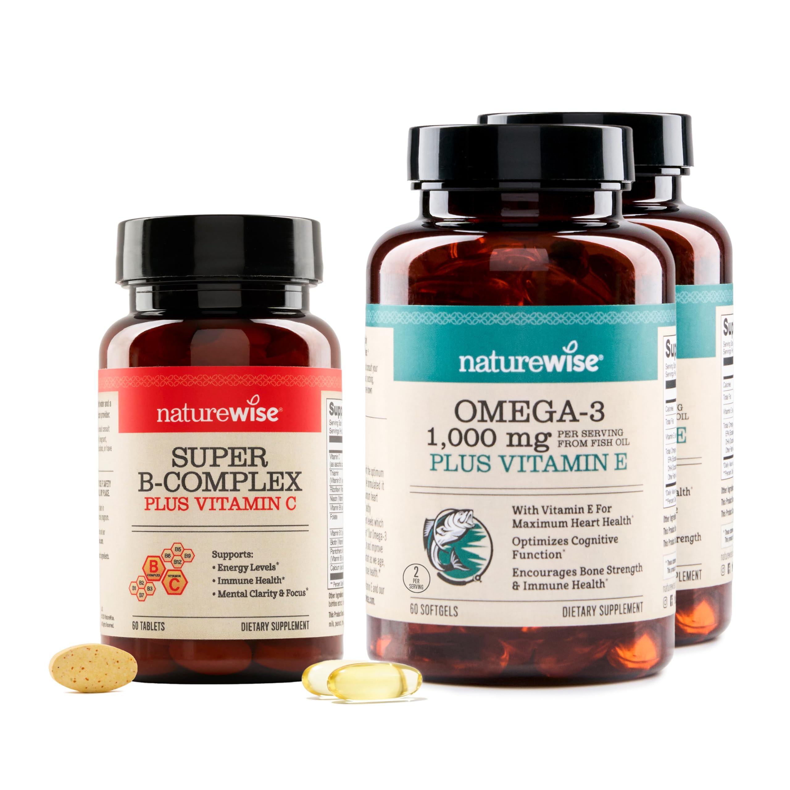 NatureWise [1] Super Vitamin B Complex + Vitamin C - Vegan Non-GMO - 60 Tablets[60-Day Supply] + (Pack of 2) Omega 3 Fish Oil 1000mg + Vitamin E - Wild-Caught -
