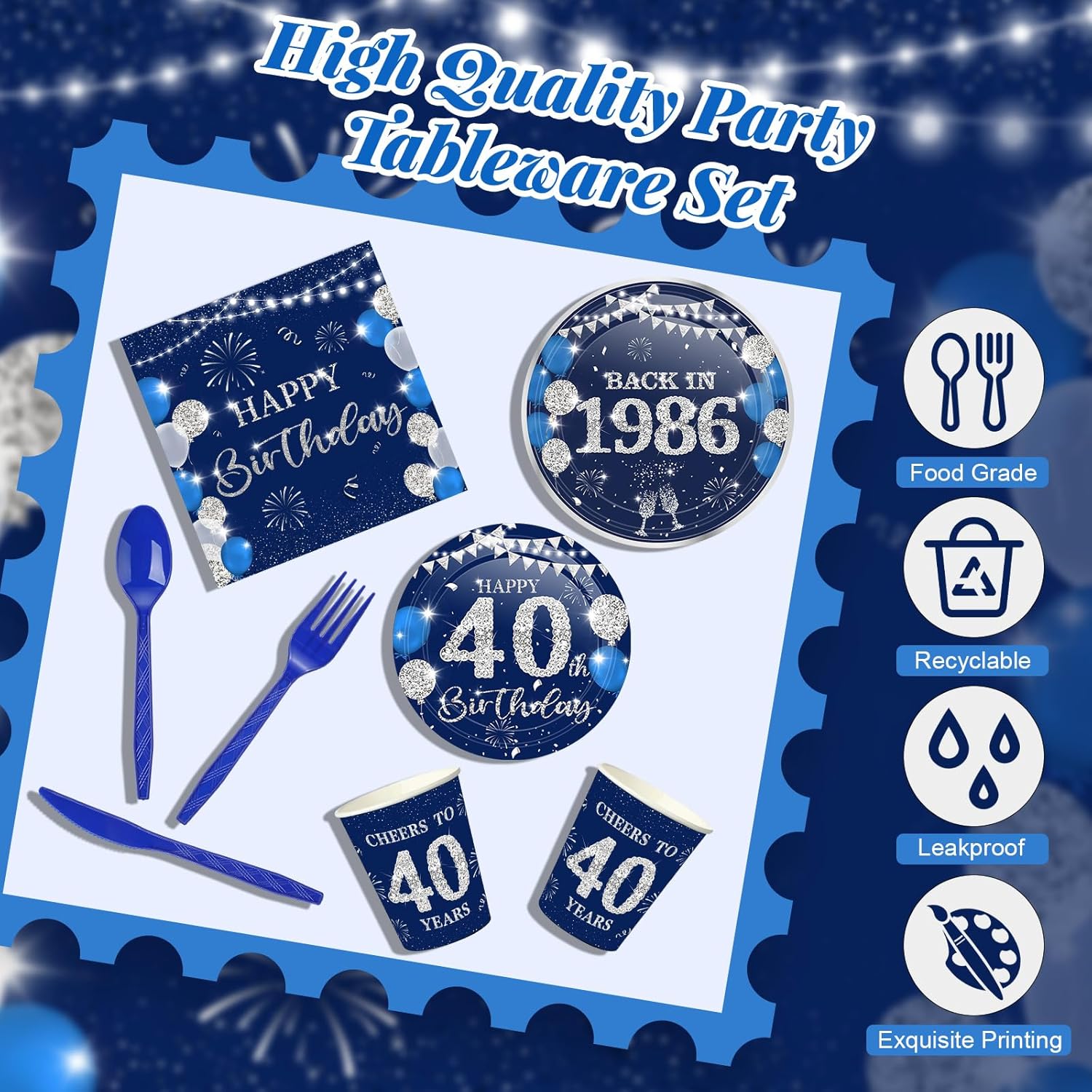 240 Pcs 40th Birthday Decorations 1986 Birthday Party Tableware Include Plates Napkins 9oz Cups Cutlery 40th Anniversary Party Supplies for Men Women Him Her, Serve 30 Guests (Blue Silver) - Image 3