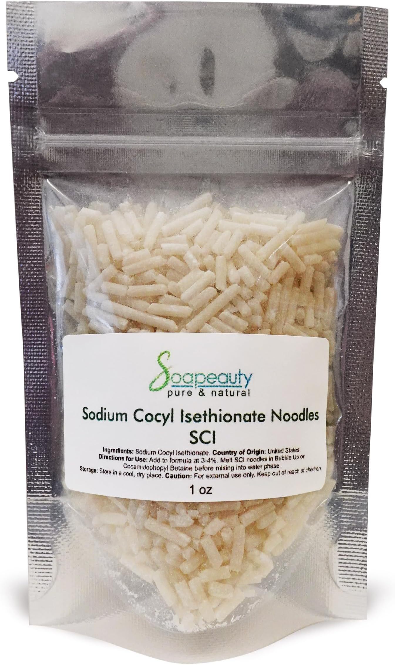 Sodium Cocoyl Isethionate Noodles by Soapeauty for Skin & Hair Care - SCI Natural Surfactant Used for Making Bubble Baths, Bath Bombs, Shampoo Bars (1 oz)