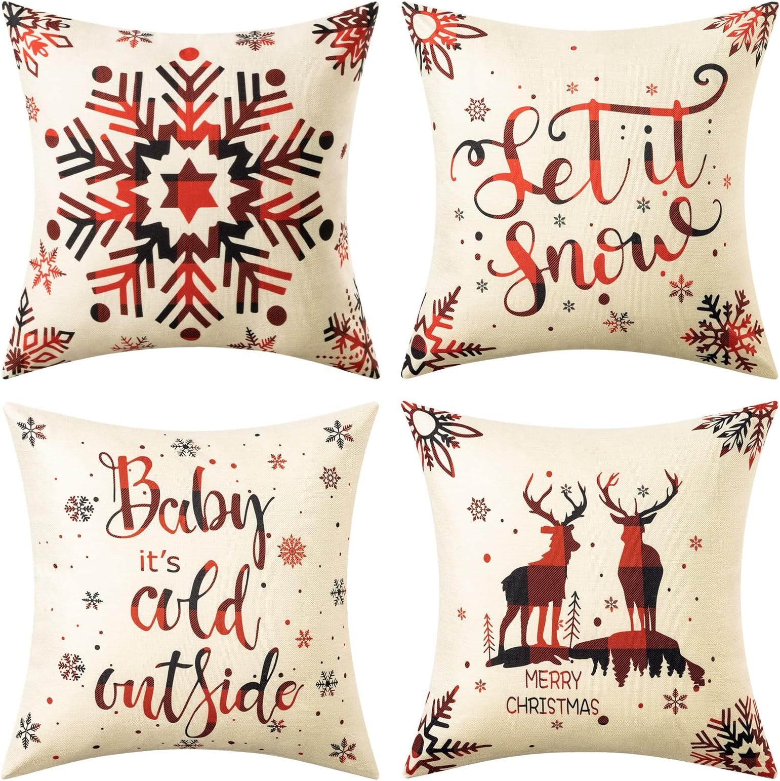 Dreamcountry 4 Pack Christmas Pillow Covers 18x18 Inch Linen Holiday Decorative Throw Pillow Covers for Sofa, Couch, Outdoor, Farmhouse and Home Christmas Decor