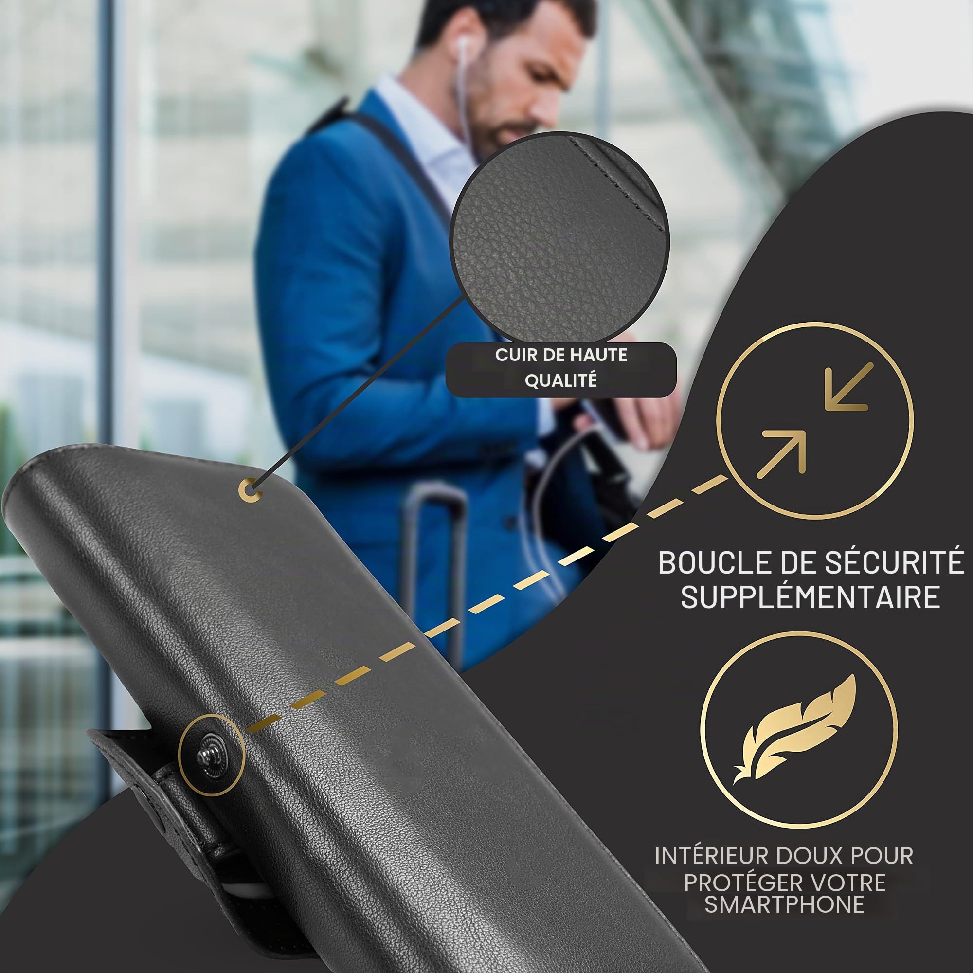 Étui Ceinture pour Apple iPhone 13 / iPhone 13 Pro, Vrai Cuir, Couleur Noir, Clip Ceinture, Horizontal, Fermeture magnétique