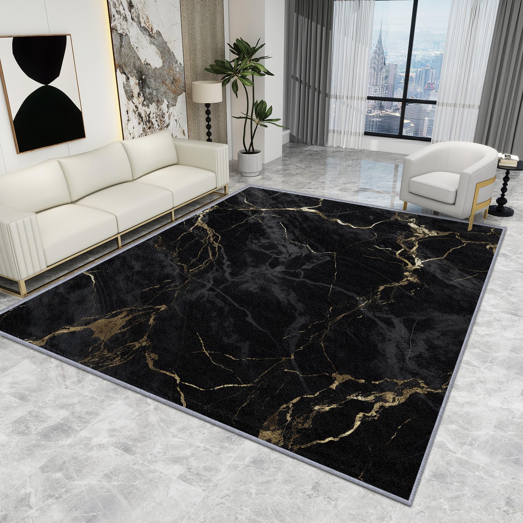 Marble Rug Black and Gold - Abstract Modern Luxury Carpet, Washable Non Slip Low Pile Soft Large Area Rug, Home Decor Gift, 120 X 180 cm
