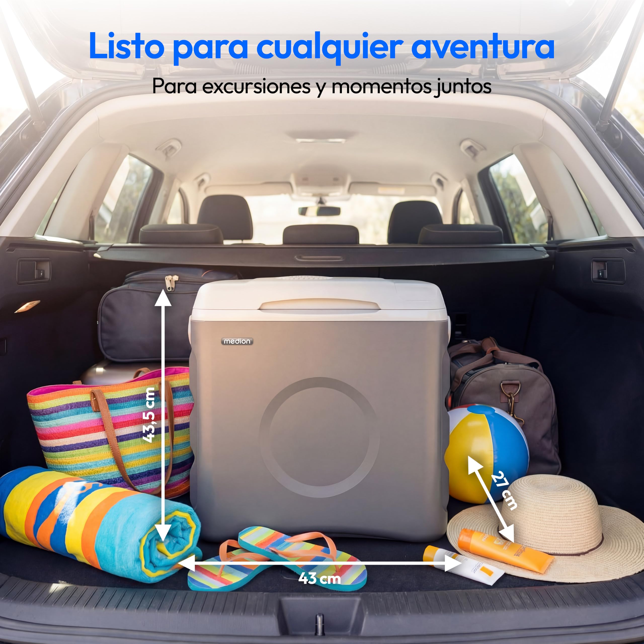 MEDION Nevera Portátil Termoeléctrica 35 L Capacidad Bruta Función Refrigeración y Calentamiento Alimentación 12V Toma de Coche 230V USB 5V para Coche Barco y Camping, MD370030 Gris Clase Energética E