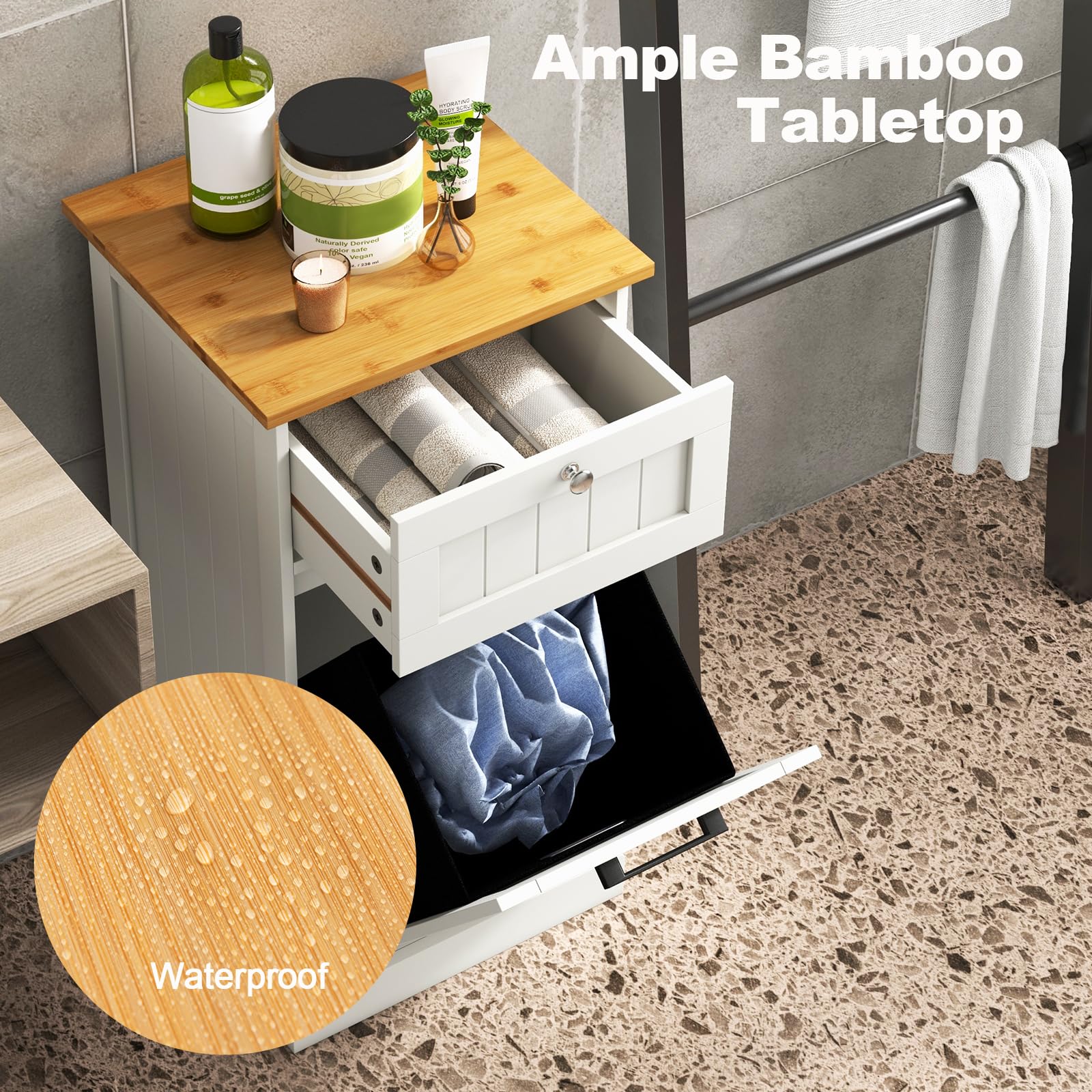 KOMFOTTEU Küchenschrank Badezimmerschrank mit Ausziehtür & Wäschekorb, Sideboard mit 38 L Mülltonnen, Mehrzweckschrank Holz mit 2 Schubladen, Küche Kommode mit Schneidebrett (Einzeltür)