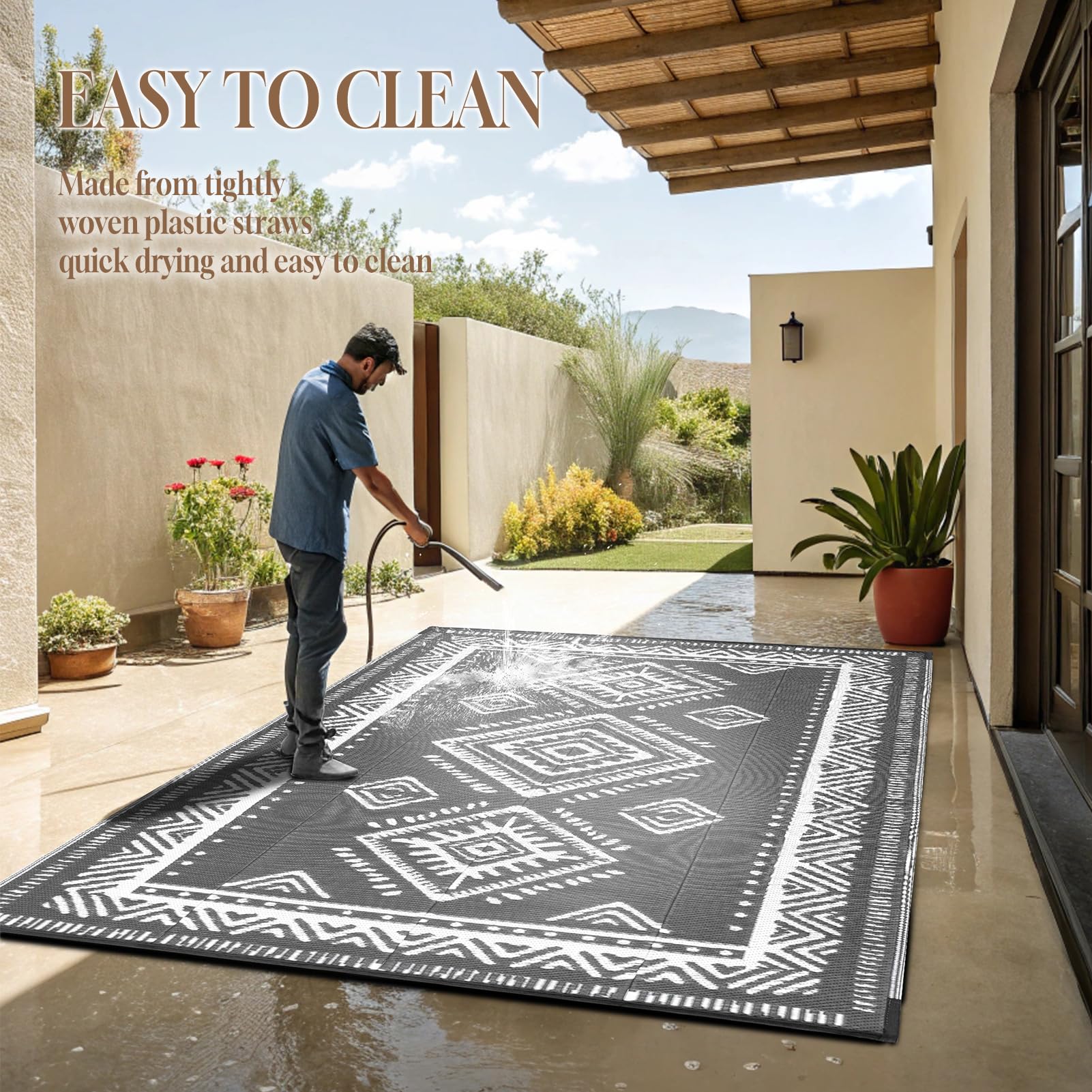 OMERAI Tapis d'Extérieur pour Terrasse Tapis de Camping en Plastique Recyclé Léger et Réversible à l'Extérieur Tapis de Jardin Facile à Nettoyer et Imperméable aux UV Gris 180X270CM