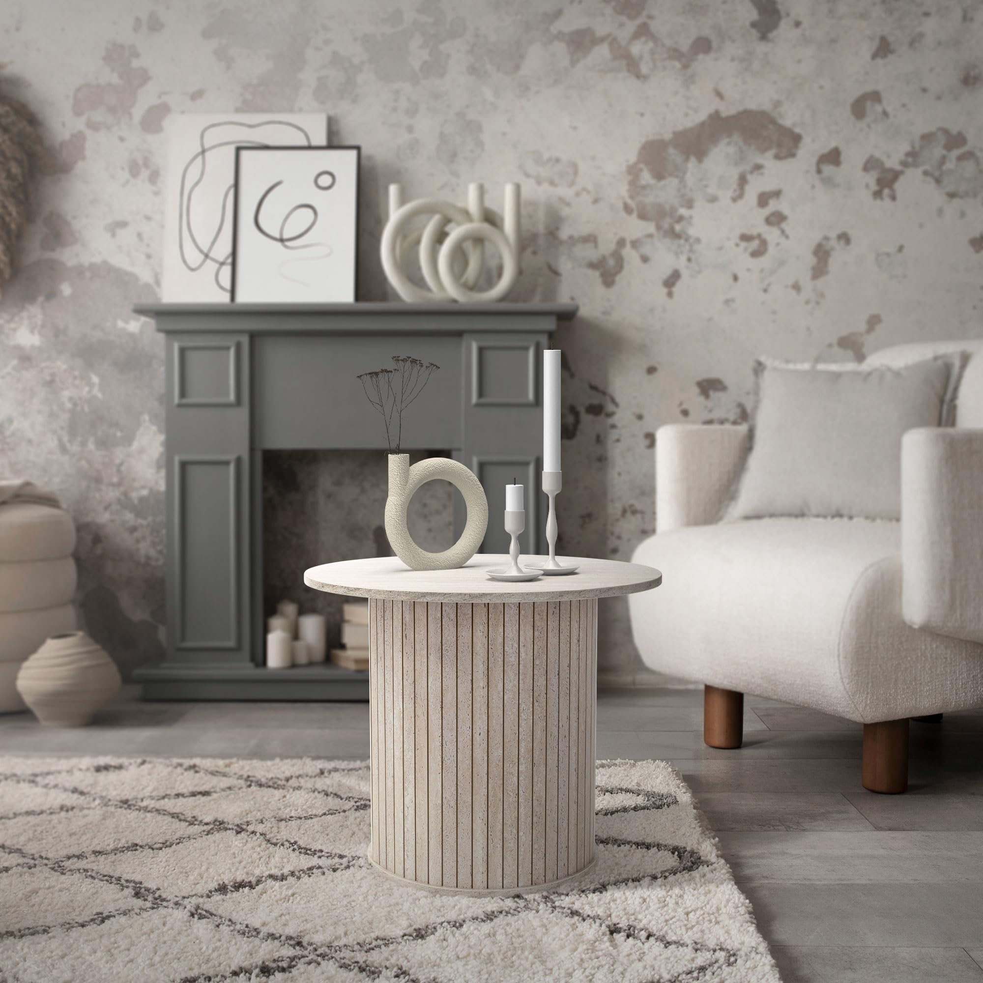 ML-Design Couchtisch rund Ø60 x 50 cm, Stein-Optik, Beige, Wohnzimmertisch mit überstehender Tischplatte, Beistelltisch ideal für Wohnzimmer, Kaffeetisch im modernen Stil, Sofatisch für Tee und Kaffee