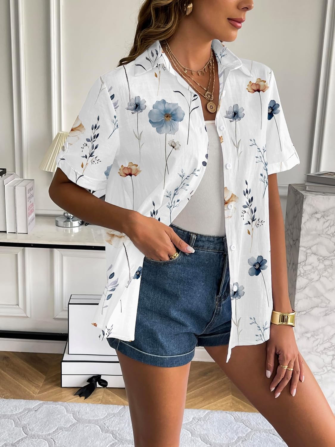 Zeagoo Women Linen Button Down Shirt Rolled Cuffed Short Sleeve Blouse Ladies Summer Casual V Neck Beach Cotton Tops - Image 2
