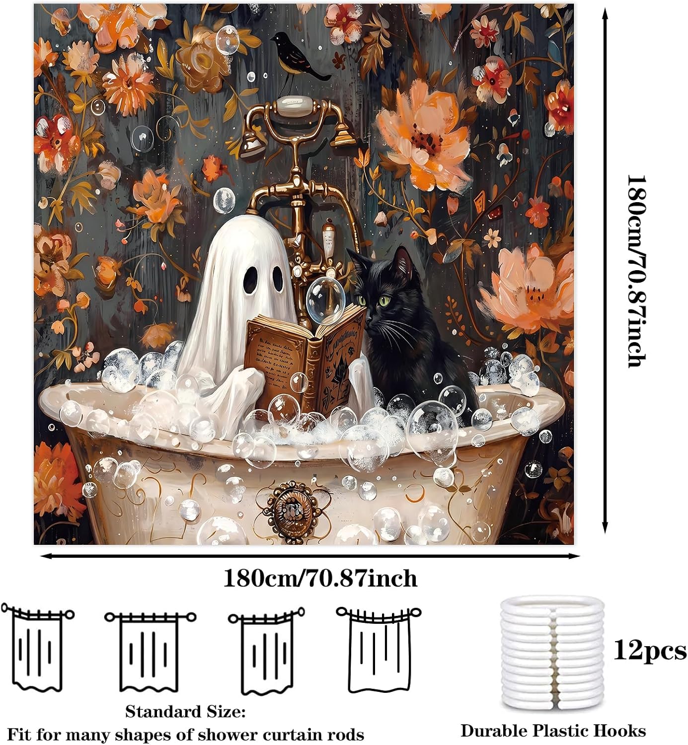 Halloween Shower Curtain, Ghost Black Cat Reading Bath Decor 71x71in | Fabric Water Resistant, Machine Washable, Rustproof Hooks, Easy Install, Ghost Black Cat Reading Book Design