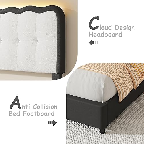 Miniatura 4 de Base de cama individual, cama de plataforma tapizada con cabecera de nube, marco de cama moderno con diseño suave anticolisión, no requiere somier,