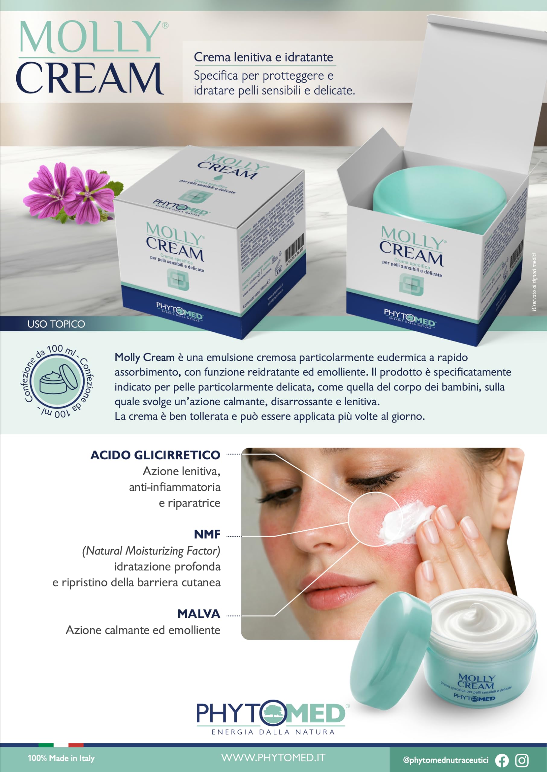 Molly Cream, Crema Idratante per Pelli Sensibili, con Acido Glicirretico, NMF e Malva, per Dermatite e Pelle Disidratata