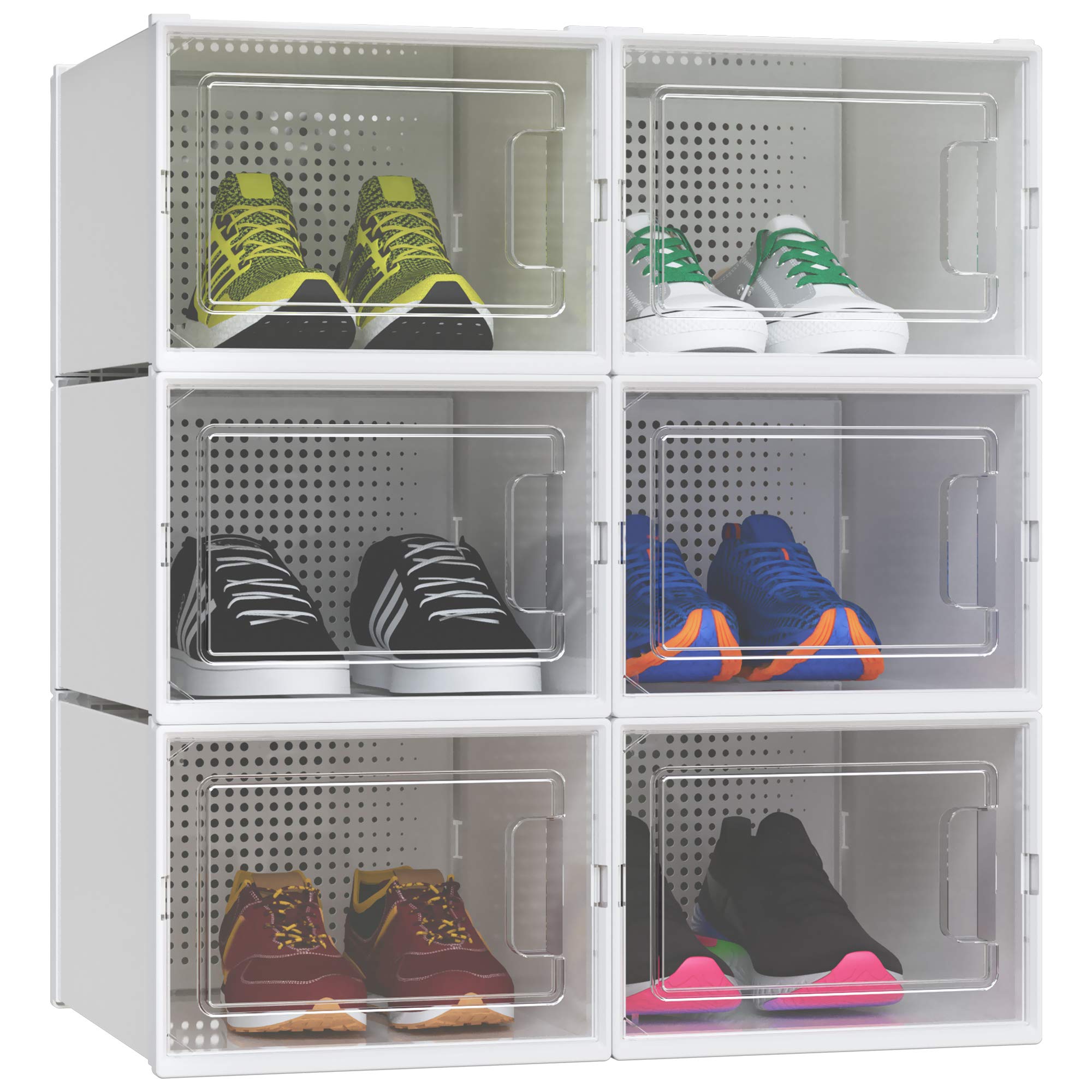 YITAHOME Shoe Box,6Pcs Stackable Shoe Containers,35.8x27.7x20.8cm,Fit up to UK Size 14,X-large Size Shoe Storage,Non-toxic Plastic Drop Front Shoe Organisers,White Shoe Storage Box