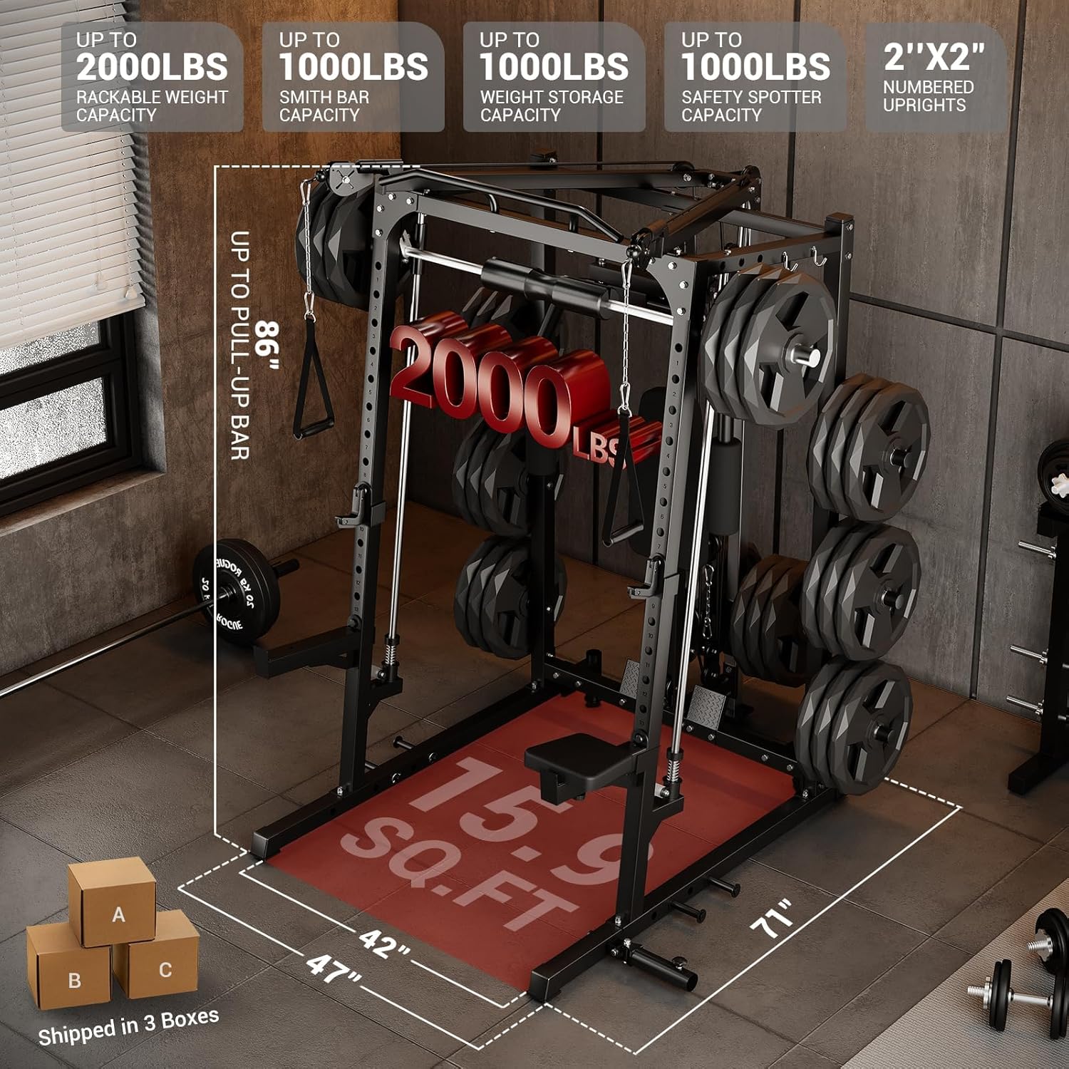 2000LBS Heavy Duty Smith Machine Power Cage – Multi-Function Strength Training Equipment for Home Gym – Includes LAT Pulldown, Chest Fly, Cable Crossover, Full Body Workout Attachments
